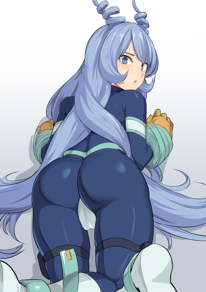 1girls ass ass_focus back back_view bending_over blue_bodysuit blue_eyes blue_hair bodysuit cameltoe drill_hair female female_human gloves hadou_nejire hadou_nejire_(hero_outfit) hero_outfit_(mha) human kneeling light-skinned_female light_skin my_hero_academia nejire_hado nejire_hado_(hero_outfit) shiseki_hirame skin_tight solo superhero_costume superheroine sweat thighs tight_clothing