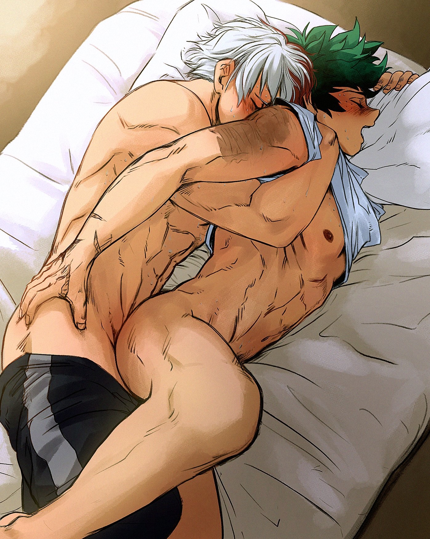2boys, abs, ass, bare hips, bed, bed sheet, bedroom, blush, bottomless, burn scar, closed eyes, clothing, curly hair, freckles, frizzy hair, gay, green hair, high resolution, hips, indoors, izuku midoriya, legs, looking pleasured, male, male moaning, moaning, moaning in pleasure, multiple boys, multiple males, muscles, muscular, my hero academia, nipples, on bed, penetration, pillow, red hair, scar, sex, shirt, shounen jump, shouto todoroki, shueisha, teenage male, teenager, tododeku, white hair, yaoi, zazaraza33