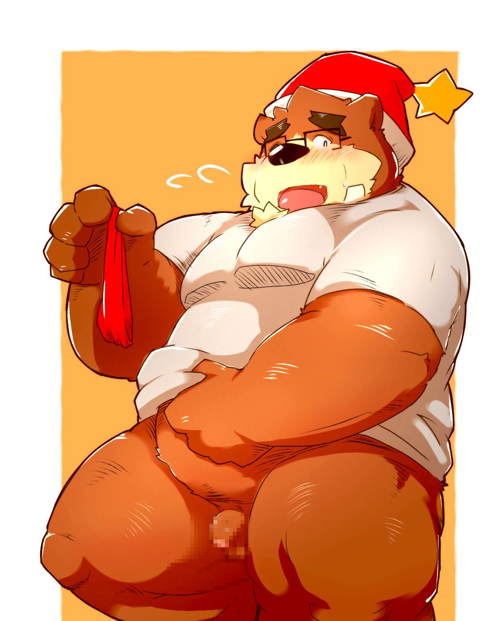 2022 anthro balls bear belly big_belly blush brown_body censored christmas christmas_clothing christmas_headwear clothing eyewear flaccid genitals glasses hat headgear headwear hi_res holidays kemono kumazawow lifewonders male mammal overweight overweight_male penis santa_hat shirt solo tokyo_afterschool_summoners topwear volos