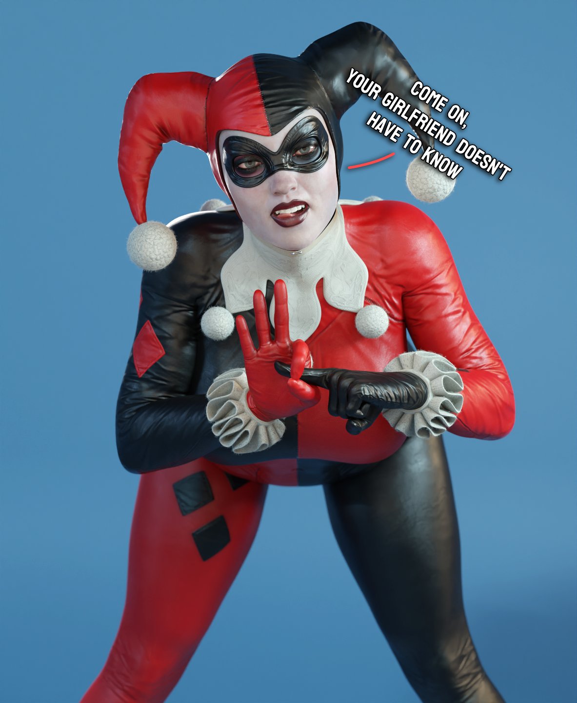 1girls, 3d, 3d (artwork), artist name, athletic, athletic female, batman (series), big breasts, blue background, breasts, busty, cheating, cleavage, curvaceous, curvy, curvy figure, dc, dc comics, dialogue, eyes, female, female only, fit, fit female, gesture, harley quinn, harley quinn (classic), harley quinn (injustice), hips, hourglass figure, illain, injustice 2, legs, lips, makeup, penetration gesture, sex gesture, simple background, smitty34, solo, solo female, talking to viewer, thick, thighs, villainess, voluptuous, watermark