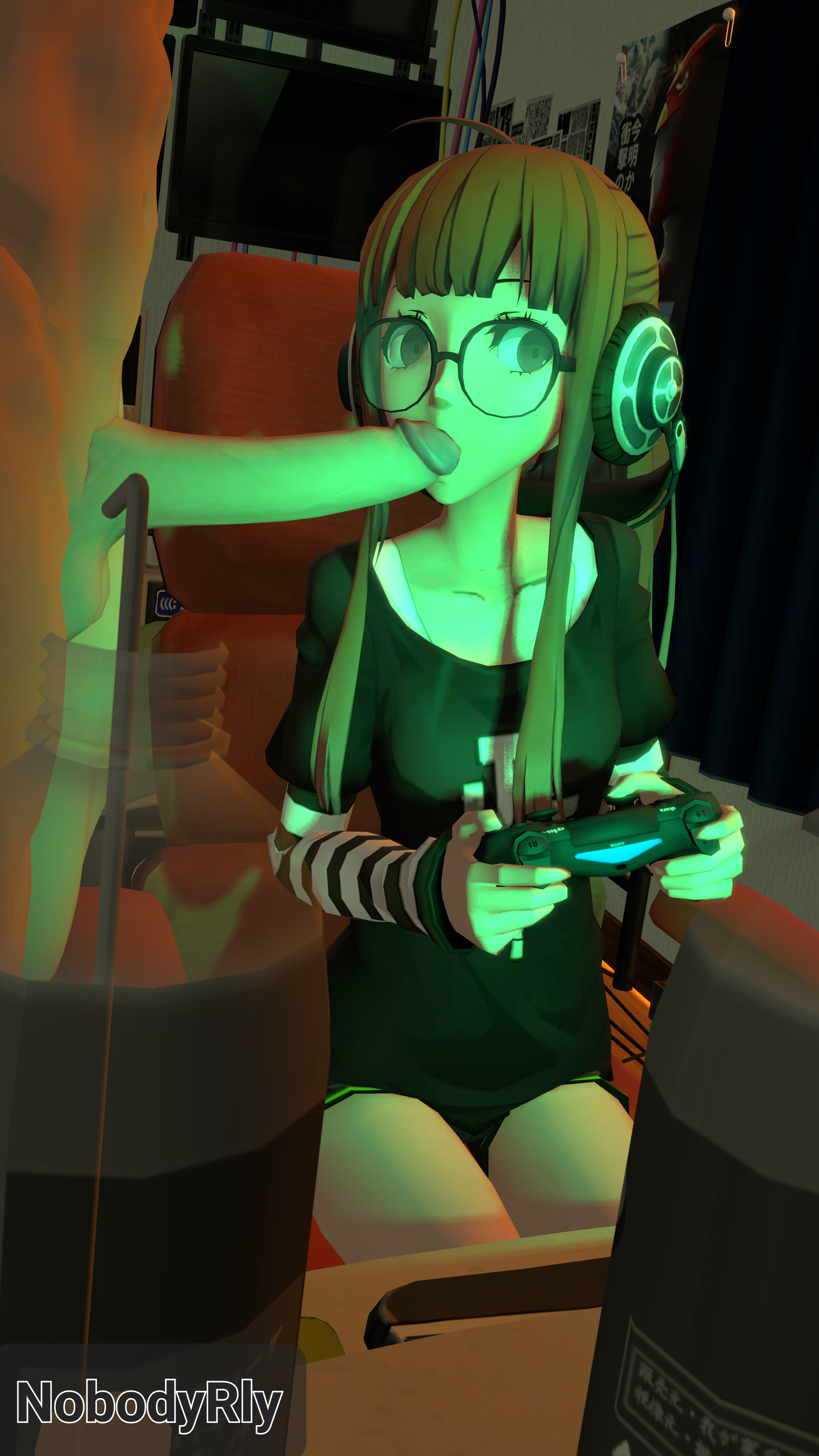 1boy, 1girls, 3d, distracted, erection, fellatio, female, gaming, glasses, male, nobodyrly (artist), penis, persona, persona 5, sakura futaba, sfm, sucking penis