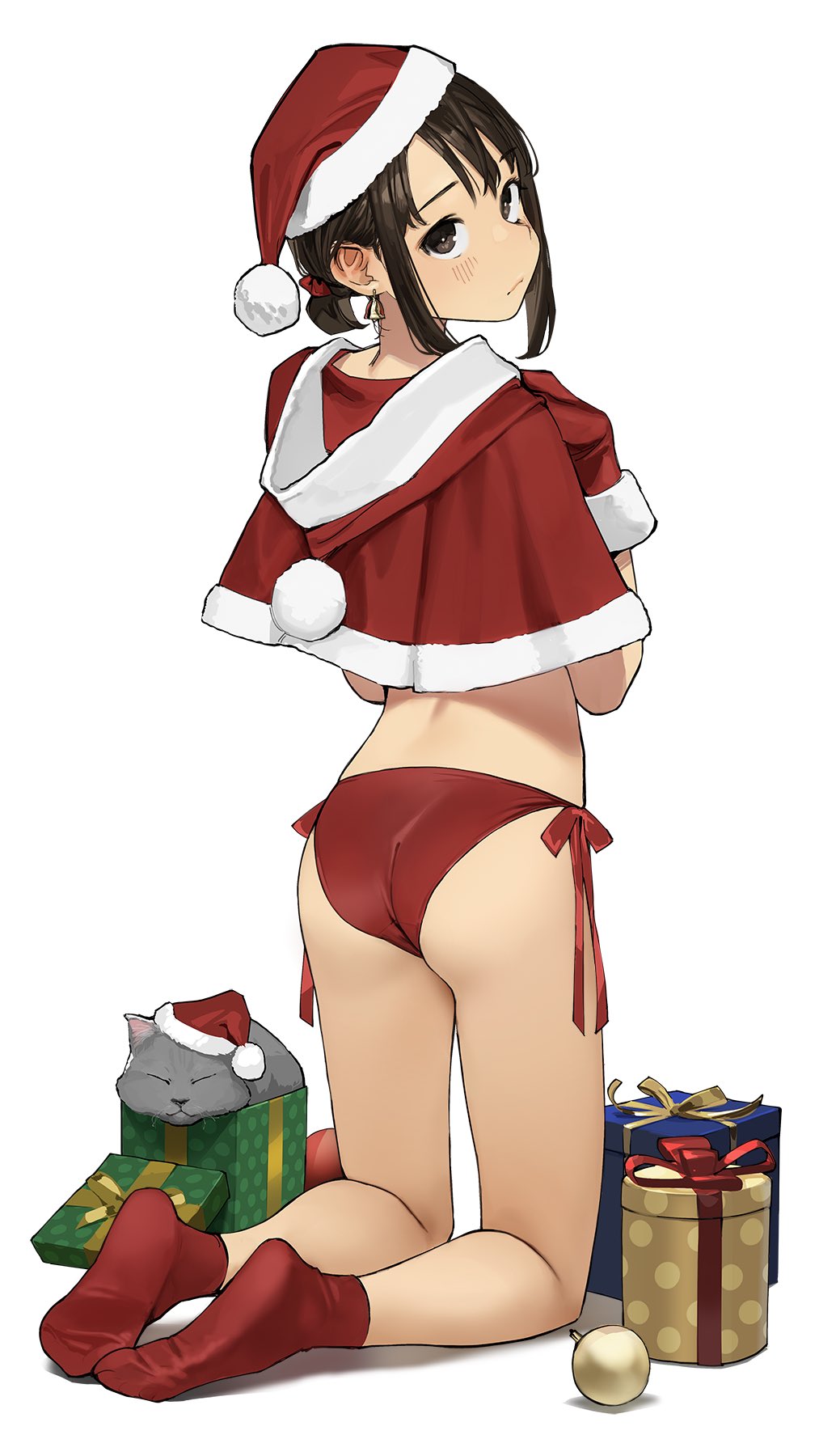 1girls ankle_socks anklehighs ass ass_focus back back_view bare_legs bikini brown_eyes brown_hair christmas christmas_outfit douki-chan_(yomu_(sgt_epper)) earrings feet feline female full_body ganbare_douki-chan gloves jewelry kneeling light-skinned_female light_skin no_shoes ponytail red_socks santa_hat side-tie_bikini socks solo swimsuit tagme yomu_(sgt_epper)