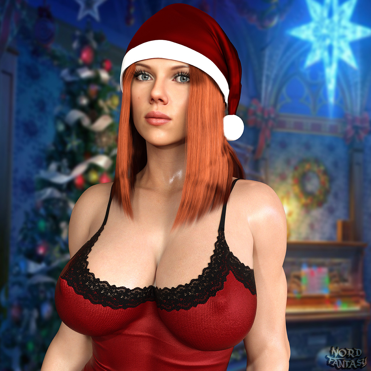1girls, 3d, athletic, athletic female, big breasts, black widow (marvel), breasts, breasts bigger than head, busty, christmas, christmas hat, christmas lights, christmas tree, cleavage, detailed background, female, female focus, female only, fit, fit female, hourglass figure, huge breasts, human, human only, large breasts, light skin, light-skinned female, marvel, marvel cinematic universe, marvel comics, natasha romanoff, nightgown, nordfantasy, realistic, scarlett johansson, solo, solo female, straight hair, thick, thick legs, thick thighs, thighs, top heavy, upper body, voluptuous, waist, wide hips