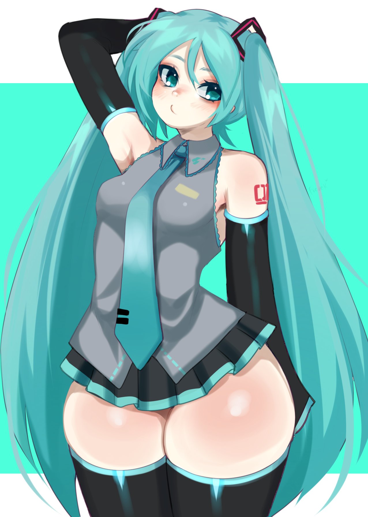 1girls aqua_eyes aqua_hair armpits armwear black_skirt black_sleeves black_thighhighs blue_eyes blue_hair blue_necktie blush boots bottom_heavy breasts collared_shirt detached_sleeves female fredek666 full_body grey_shirt hatsune_miku huge_thighs long_hair long_sleeves medium_breasts miniskirt necktie number_tattoo pear-shaped_figure pear_shaped pleated_skirt red_tattoo shoulder_tattoo simple_background skirt sleeveless sleeveless_shirt solo standing tattoo thick_thighs thighhighs thighs twintails very_long_hair vocaloid wide_hips