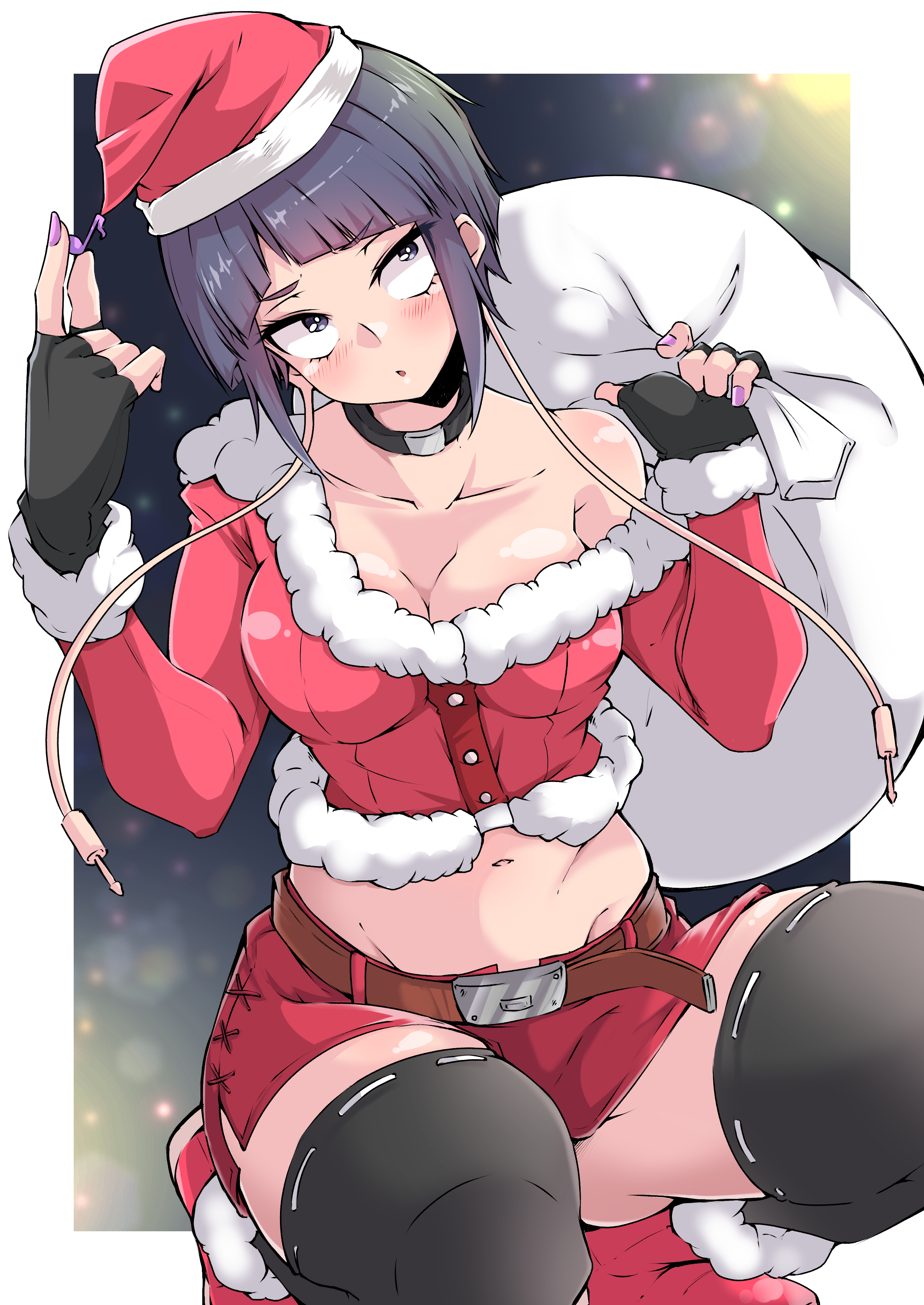 1girls, athletic, athletic female, bare midriff, bare shoulders, breasts, busty, christmas, christmas outfit, cleavage, clothed, clothing, cropped jacket, female, female focus, female only, fingerless gloves, holidays, hourglass figure, jacket, kyoka jiro, medium breasts, minishorts, my hero academia, navel, pinup, pinup pose, pose, posing, purple hair, purple-haired female, sack, santa costume, santa hat, shinonome mozuku, short shorts, shorts, solo, tagme, thigh highs, thighhighs, wide hips