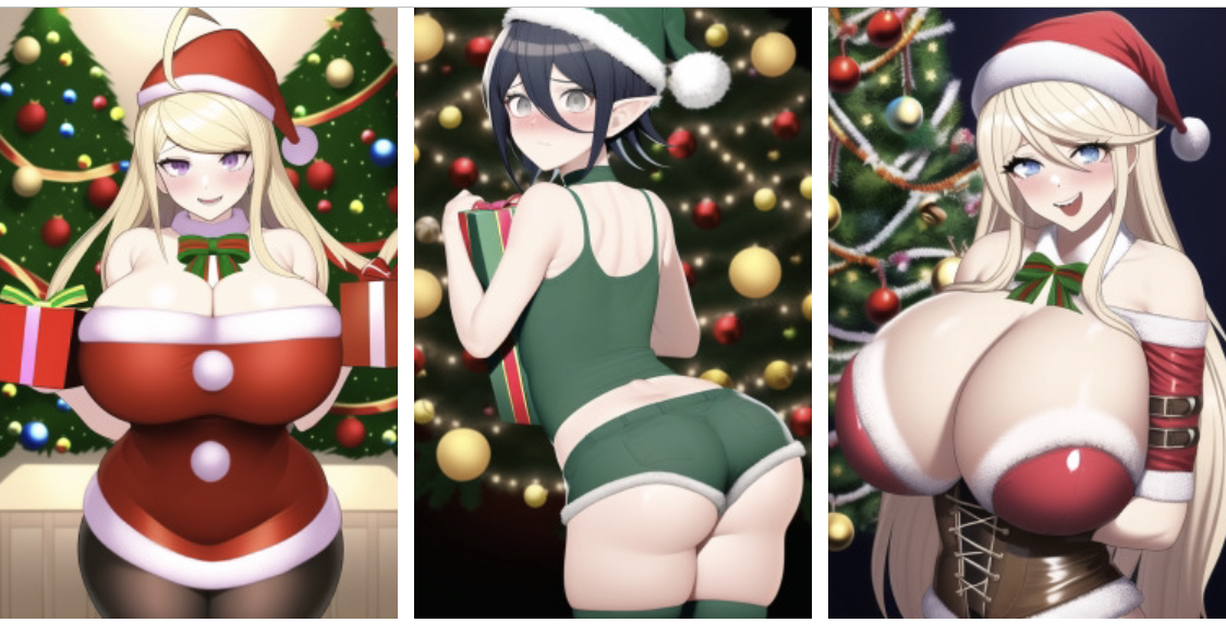1boy, 2girls, ai generated, akamatsu kaede, blush, breasts, christmas outfit, christmas tree, cleavage, danganronpa, danganronpa v3, elf, elf ears, female, femboy, huge breasts, iruma miu, large breasts, lowres, male, multiple females, multiple girls, nai diffusion, new danganronpa v3, saihara shuuichi, santa costume, santa hat, stable diffusion, tagme