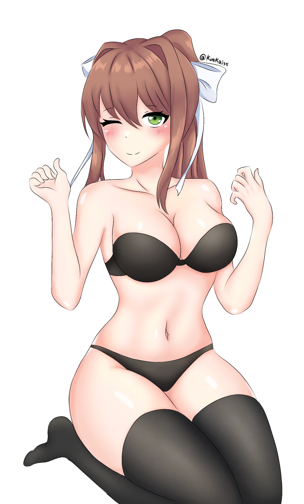 1girls, 5 fingers, black bra, black panties, bra, breasts, cleavage, doki doki literature club, eye closed, female, green eyes, kun kaiss, long hair, monika (doki doki literature club), navel, one eye closed, panties, solo, solo female, thighhighs, white background