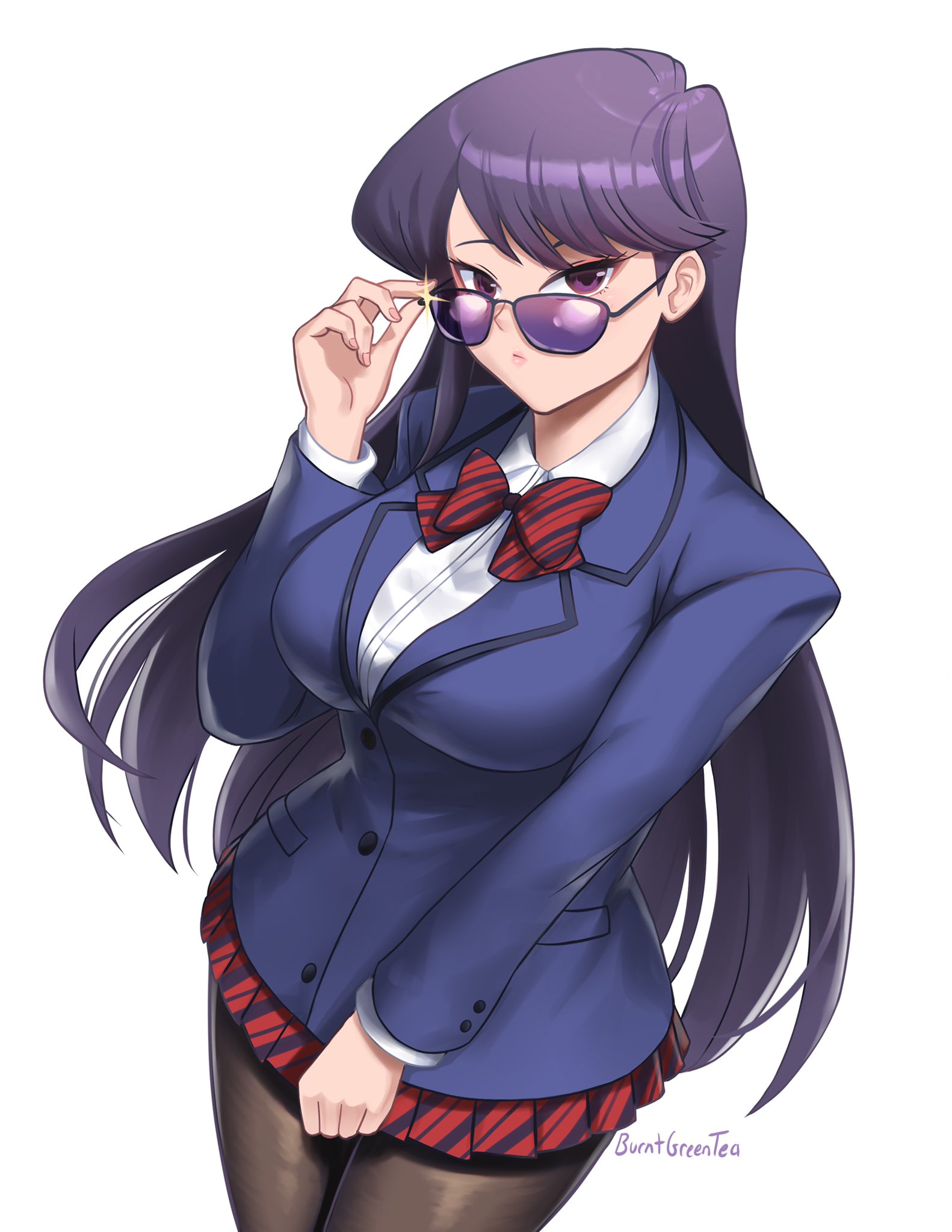 1girls, adjusting eyewear, adjusting glasses, adjusting sunglasses, black hair, bowtie, breasts, burnt green tea, female, huge breasts, komi shouko, komi-san wa komyushou desu, long hair, long sleeves, looking at viewer, looking over eyewear, looking over glasses, looking over sunglasses, pantyhose, pleated skirt, purple eyes, purple-tinted eyewear, school uniform, simple background, skirt, sunglasses, tinted eyewear, white background