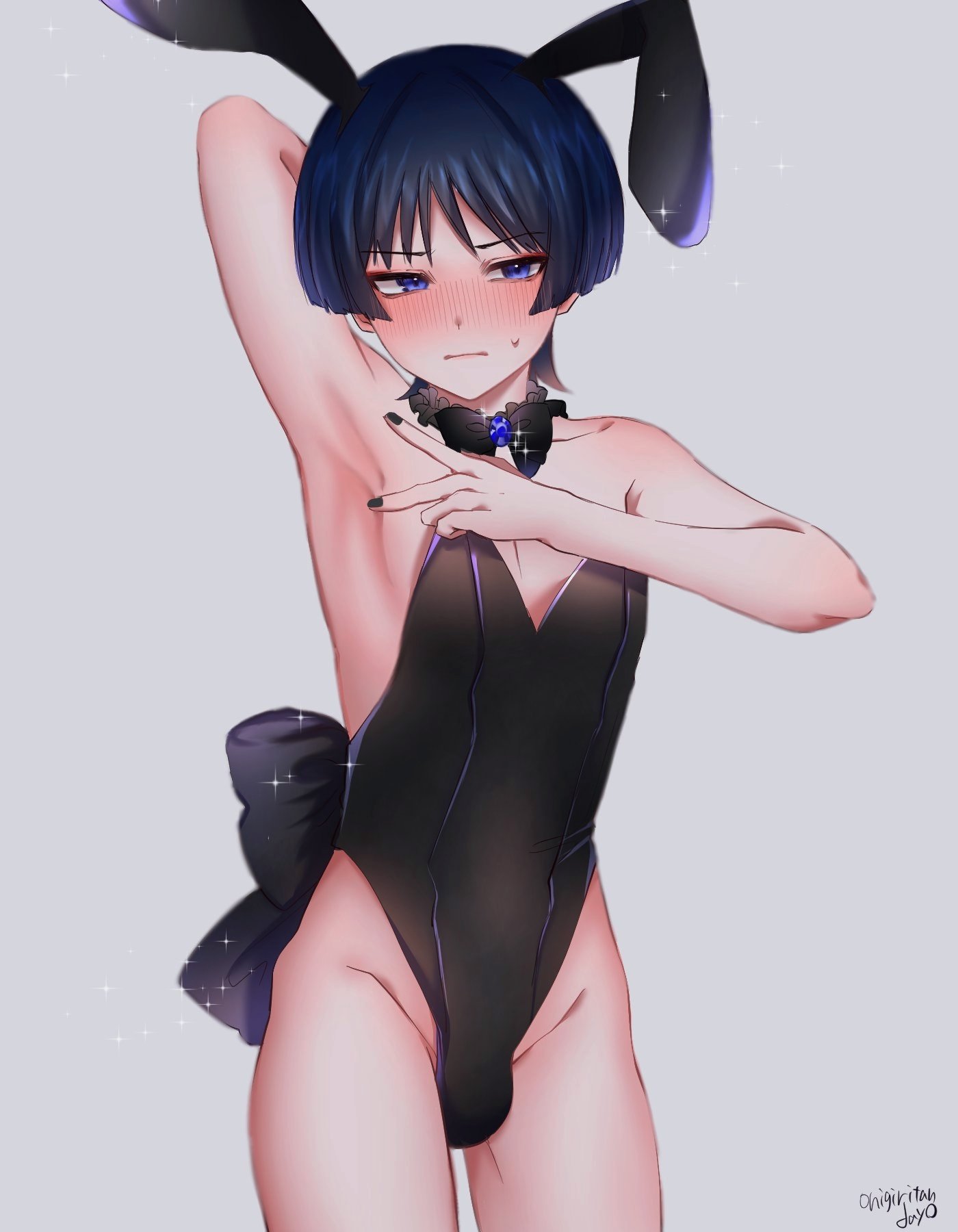 armpits, blue eyes, blue hair, cowboy shot, crossdressing, female, femboy, genshin impact, girly, male, male only, male playboy bunny, onigiritandayo, otoko no ko, otokonoko, playboy bunny, presenting armpit, scaramouche (genshin impact), solo, standing, tomgirl, trap
