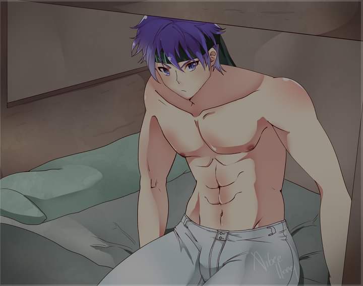 1boy abs aibee_honey bed bedroom blue_eyes blue_hair fire_emblem fire_emblem:_path_of_radiance fire_emblem:_radiant_dawn ike_(fire_emblem) male male_focus male_only muscles muscular muscular_male nintendo solo straight