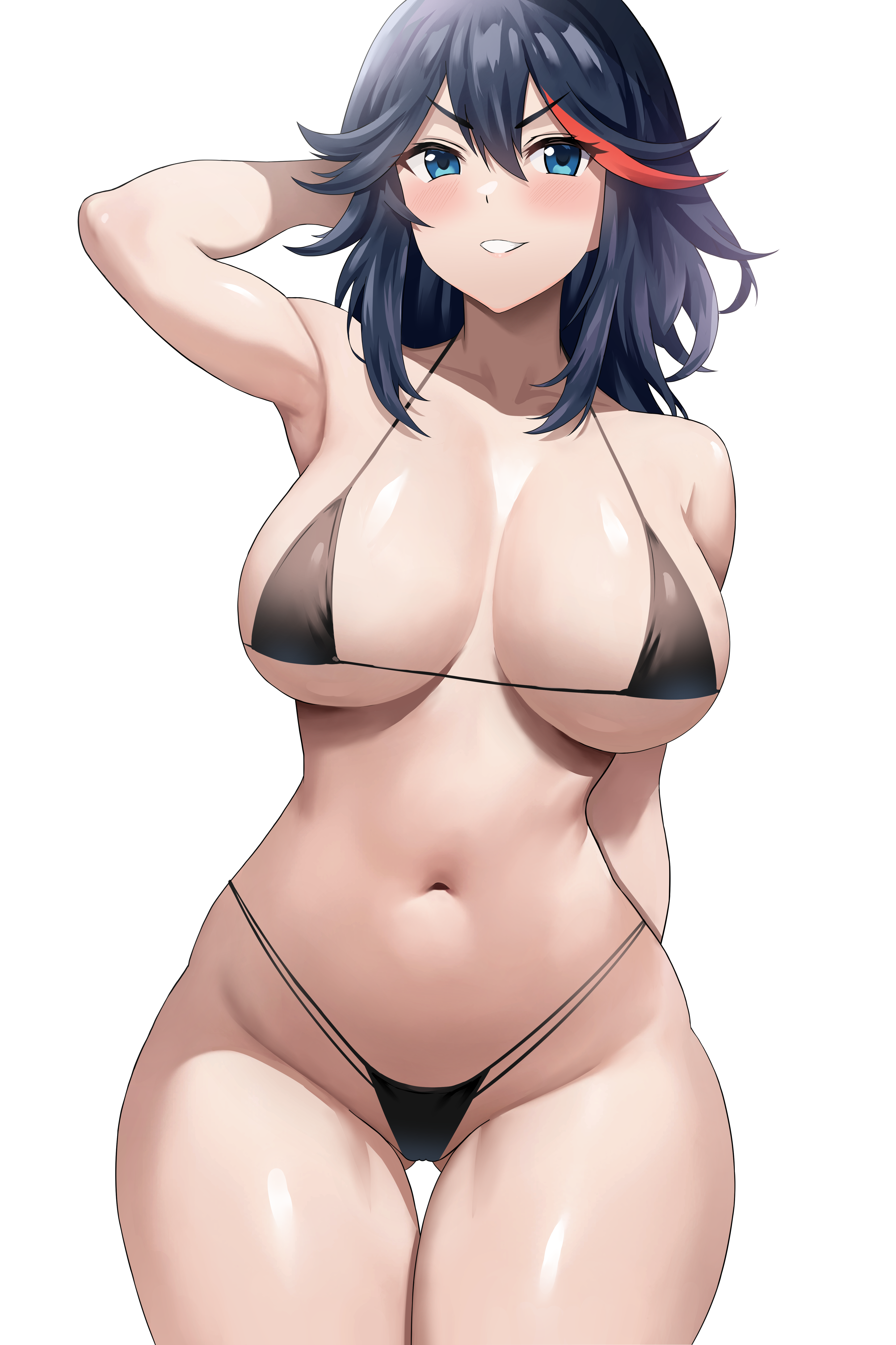 1girls, absurdres, big breasts, bikini, black hair, black-haired female, blue eyes, breasts, color, colored, female, female focus, female only, jasony, kill la kill, light-skinned female, matoi ryuuko, short hair, solo, solo female, thick thighs