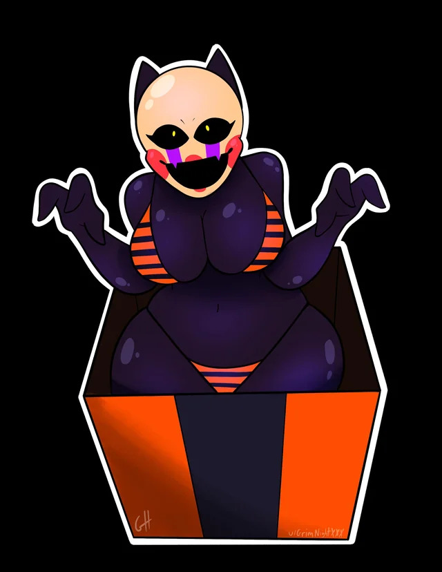 2d 2d_(artwork) artist_logo artist_name artist_signature bikini black_background blush box breasts classic_fnaf_2_marionette classic_fnaf_2_puppet five_nights_at_freddy's five_nights_at_freddy's_2 grimnightxxx halloween large_breasts lipstick marionette_(fnaf) mask original_fnaf_2_marionette original_fnaf_2_puppet puppet_(fnaf) simple_background yellow_eyes