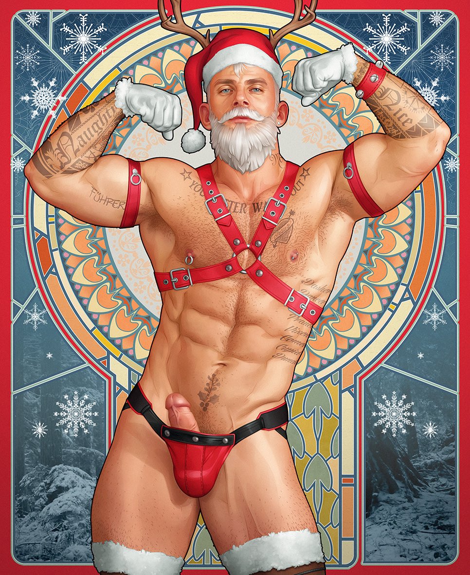 1boy boner christmas erect_penis erection flexing flexing_arms flexing_bicep fuhrerdoodles gay_pornstar hard_on harness jockstrap looking_at_viewer male male_only muscles muscular muscular_male penis_out porn_star real_person samuel_colt santa_costume tattoos