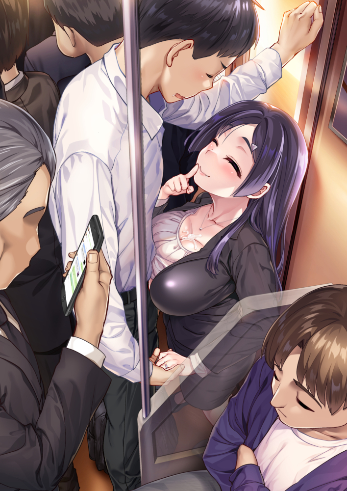 6+boys ^_^ blush breasts brown_hair business_suit cellphone cleavage closed_eyes crossed_arms cum cum_on_body cum_on_breasts drooling exhibitionism fang_out female formal grey_hair hair_ornament hairclip height_difference hijiri_tsukasa jewelry large_breasts long_hair multiple_boys necklace oerba_yun_fang original paizuri paizuri_under_clothes pencil_skirt phone public purple_hair ring skirt smartphone smile straight suit train_interior