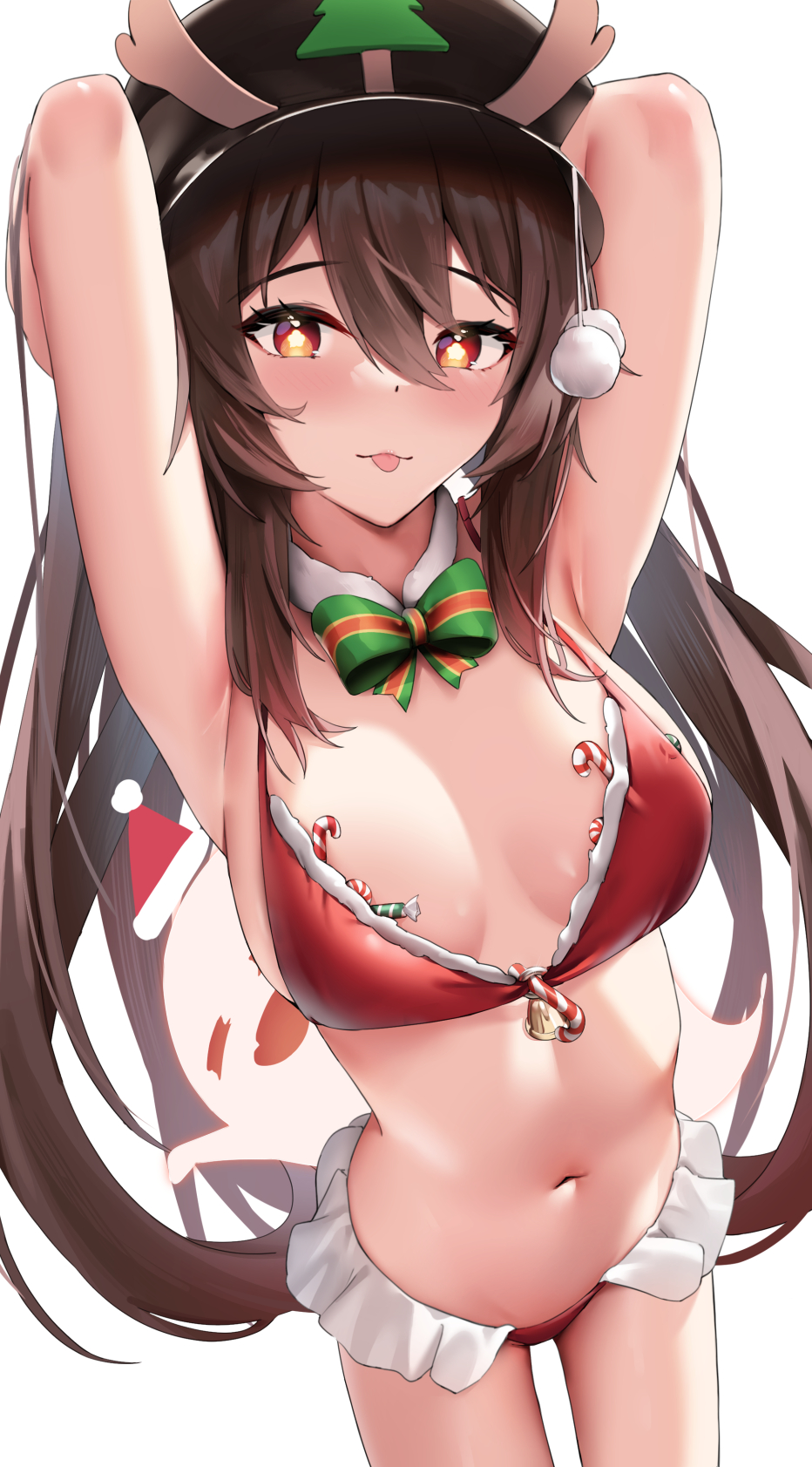 1girls armpits arms_up bikini breasts brown_eyes brown_hair christmas female genshin_impact hu_tao_(genshin_impact) light_skin long_hair medium_breasts naughty_face navel red_bikini santa_hat skai_kun twintails