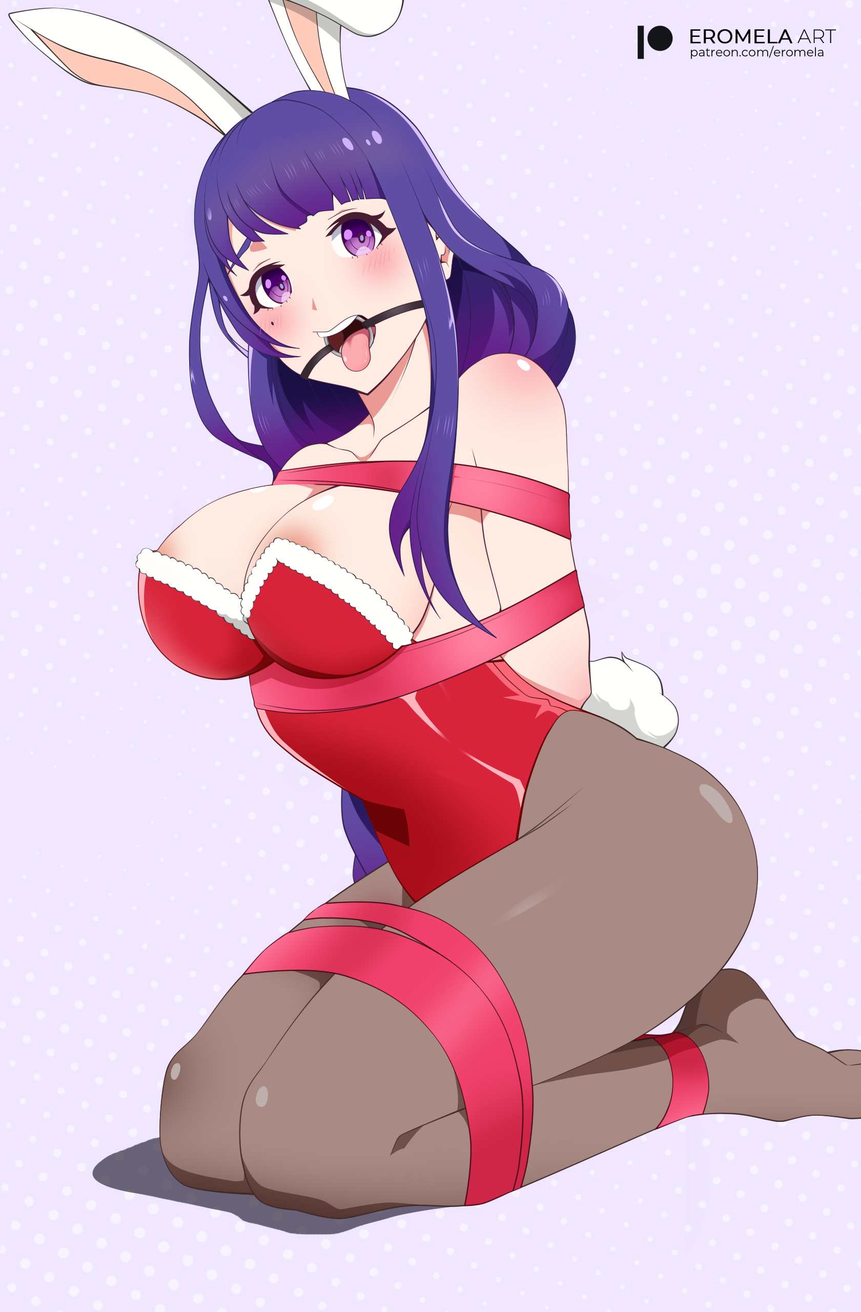 bondage, bunny ears, bunny tail, bunnysuit, christmas, eromelaart, female, genshin impact, raiden shogun, ribbon, ribbon bondage, ribbons, ring gag, sex slave, slave, slave girl