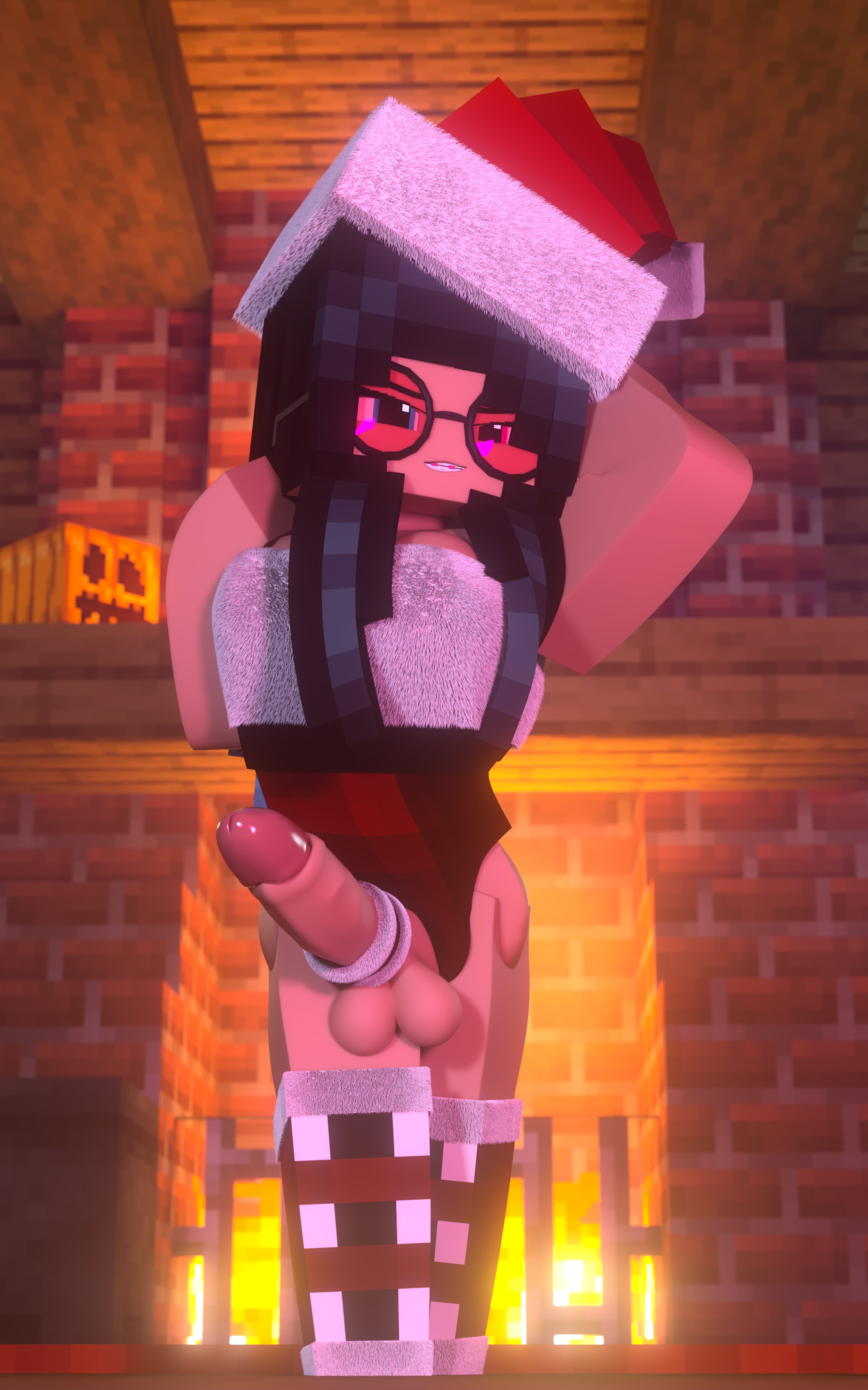 1futa, 1girls, 3d, big penis, bisexual, bisexual female, blonde hair, boots, breasts, christmas, erect penis, female, fireplace, futa only, futanari, glasses, horny female, human, humanoid, intersex, looking at viewer, mine-imator, minecraft, mori rose (morirosemc), morirosemc, multicolored eyes, outside, penis, posing, santa costume, santa hat, skirt, smile, solo, solo futa, tagme