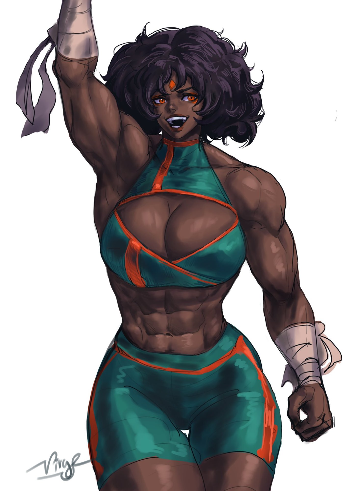 1girls, abs, absurd res, artist signature, bandage, bandaged arm, biceps, big breasts, black hair, borrowed character, breasts, cleavage, crop top, dark skin, dark-skinned female, female, forehead jewel, forehead mark, green clothing, hi res, large breasts, lips, lipstick, muscular, muscular arms, muscular female, muscular legs, navel, orange eyes, original, original character, shorts, simple background, smile, thick thighs, tight clothing, virgoart1509, white background