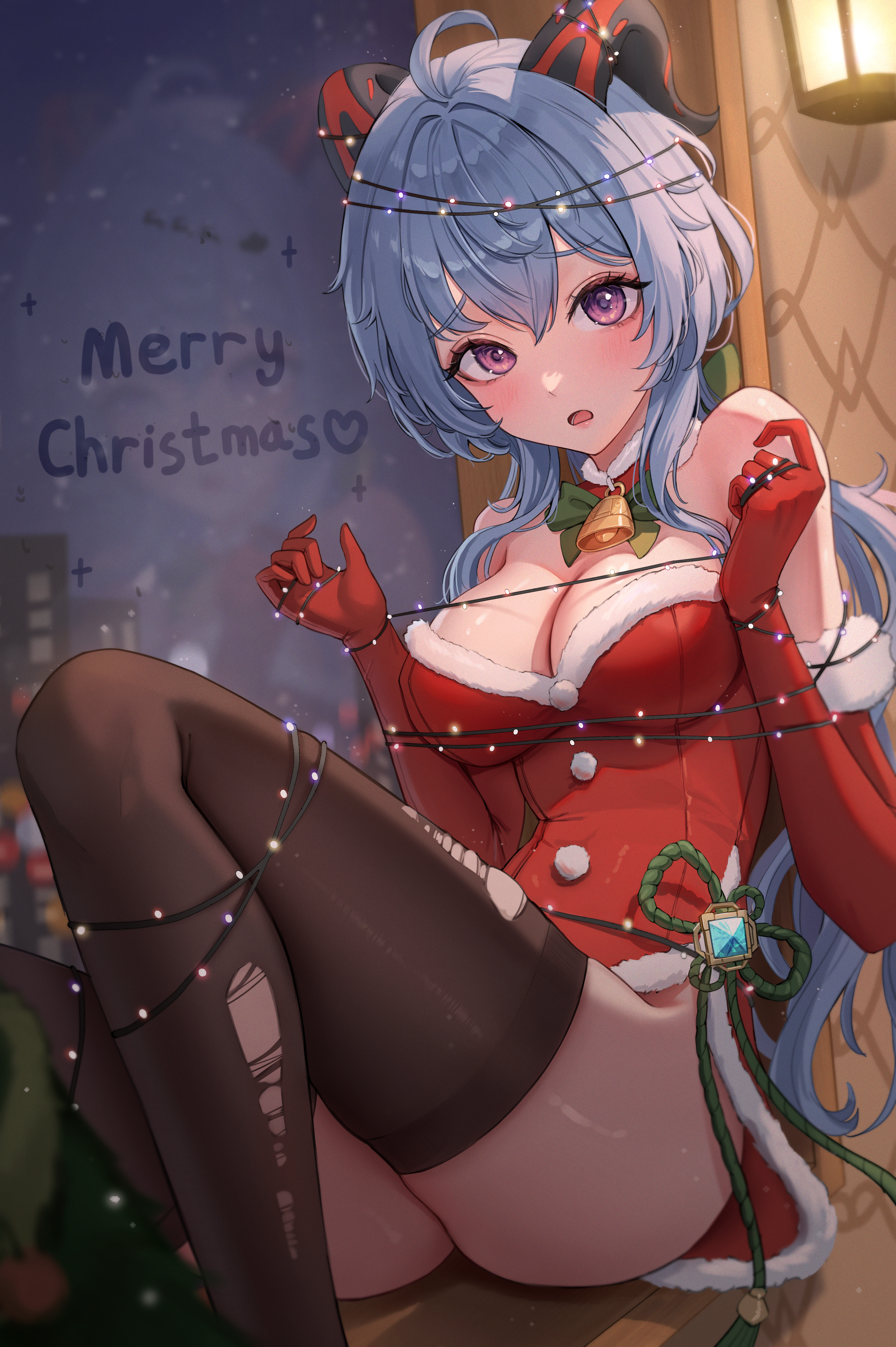 1girls, aendi en d endei, blue hair, breasts, christmas, female, ganyu (genshin impact), genshin impact, merry christmas, purple eyes, santa costume, torn legwear
