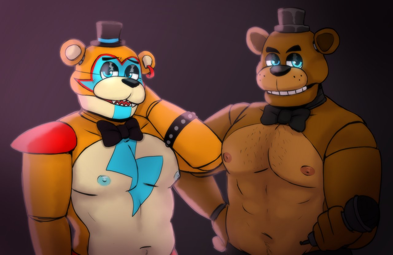 2boys blue_eyes bowtie brown_body chest_hair ear_piercing five_nights_at_freddy's five_nights_at_freddy's:_security_breach freddy_(fnaf) glamrock_freddy_(fnaf) glowing_eyes highres male male/male male_only multicolored_body muscular muscular_male muscular_males nipples non-human orange_body pecs pink_background spaceandroids spiked_bracelet tagme