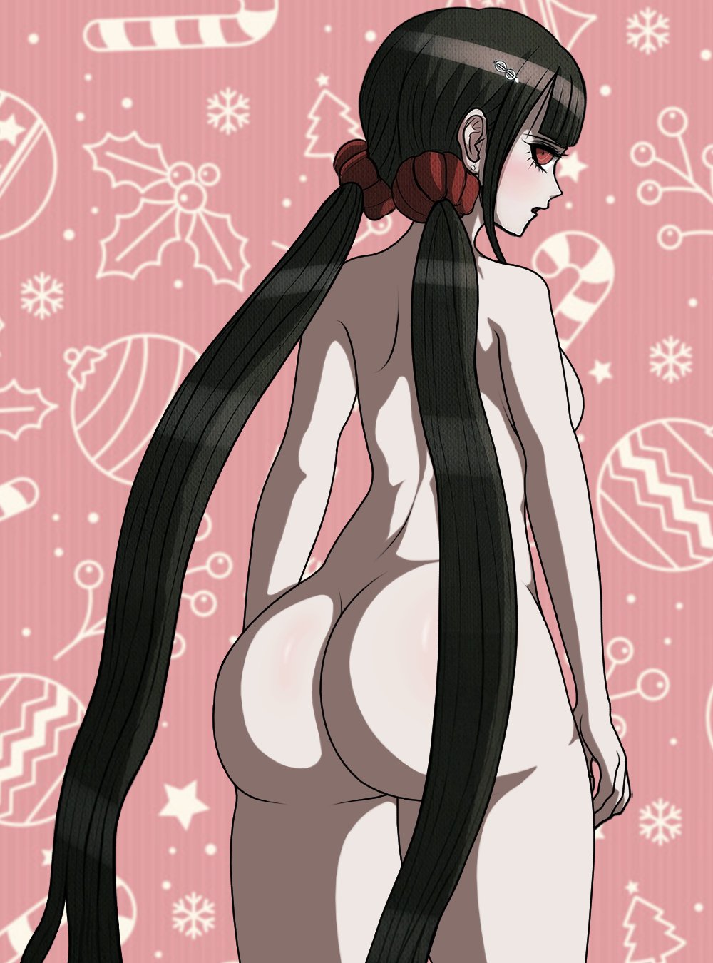 ass, behind view, blush, breasts, cheeeeeeeeeeeeen, completely nude, danganronpa, danganronpa v3, female, female only, harukawa maki, large ass, looking at viewer, looking back, nude, nude female, sideboob, straight hair, thick ass