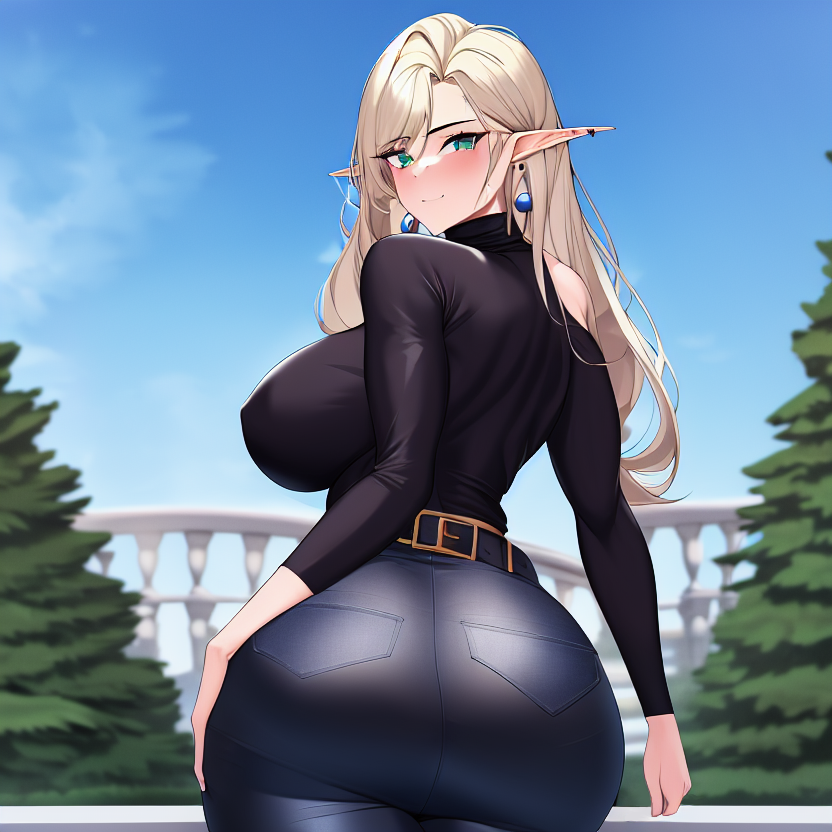 1girls ai_generated alborewimi ass belt big_ass big_butt black_shirt blonde_hair blush denim earrings elf elf_ears female from_behind green_eyes hand_on_hip jeans light-skinned_female looking_at_viewer nai_diffusion outdoors pawg pockets pointy_ears round_ass round_butt solo stable_diffusion taut_shirt thick_ass turtleneck