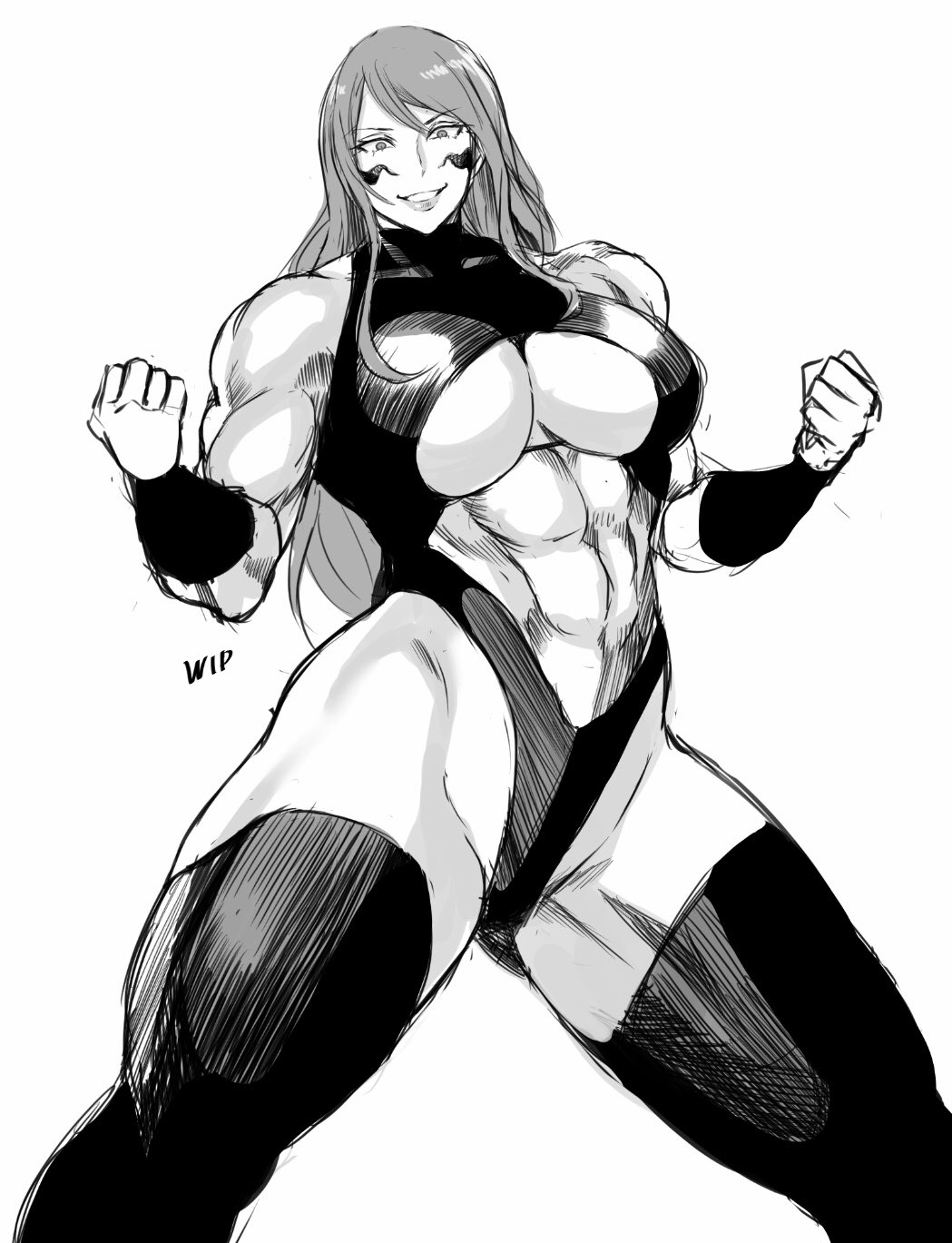 1girls abs armband biceps big_breasts breasts cleavage cleavage_cutout facial_markings female female_focus female_only fuma_kotaro_(tenkaichi) greyscale hi_res leotard long_hair looking_at_viewer monochrome muscular muscular_arms muscular_female muscular_legs shibusun simple_background sketch solo solo_female solo_focus tenkaichi_nihon_saikyou_bugeisha_ketteisen thick_thighs underboob white_background