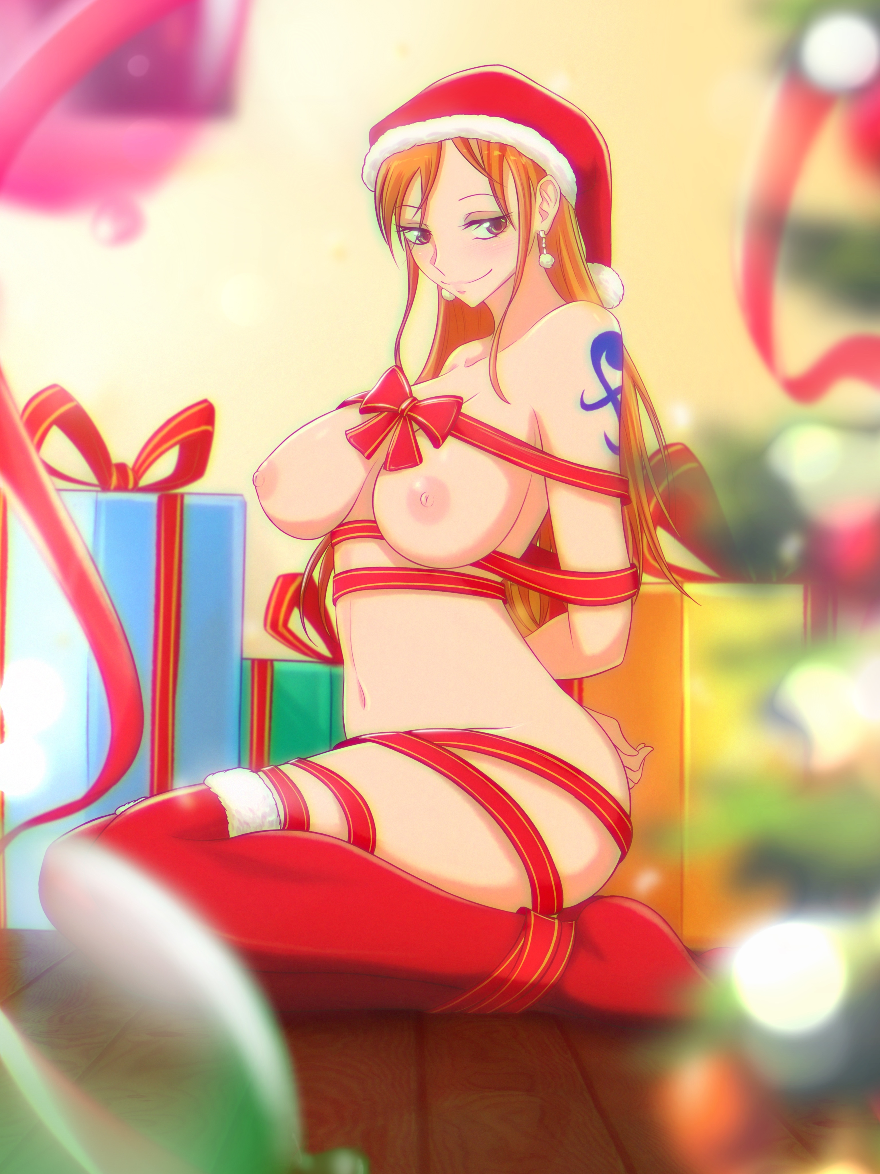 1girls, arm tattoo, blue tattoo, breasts, breasts out, christmas, female, female only, nami (one piece), one piece, opalisart, orange hair, orange-haired female, post-timeskip, tattoo, tattoo on arm, tattooed arm, thighhighs