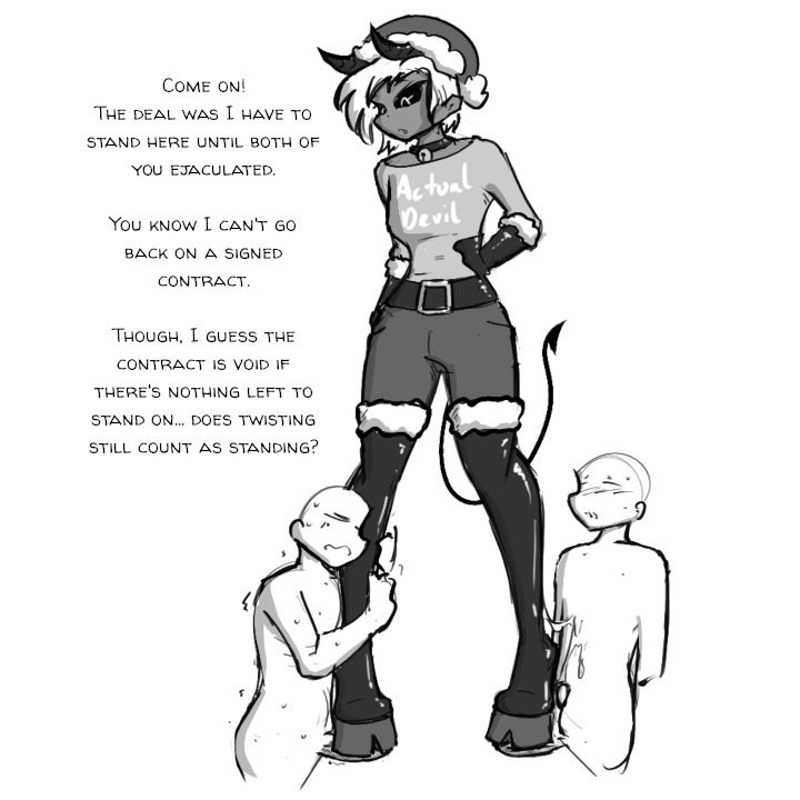 2boys bell_collar belt belt_buckle boots celera_prime cock_and_ball_torture cum demon dialogue femdom gloves holding_leg horns looking_down santa_hat simple_background tail text white_background white_hair