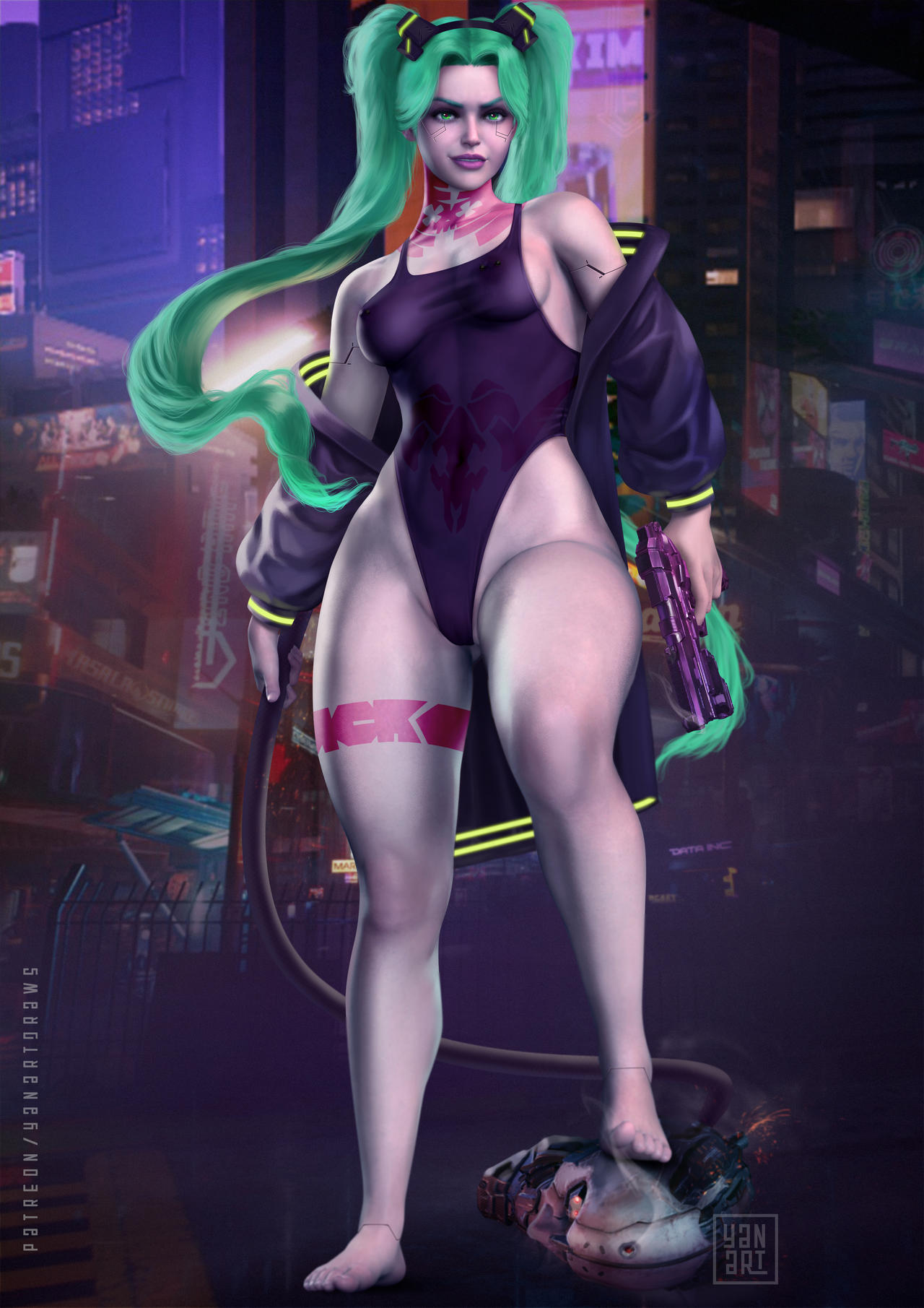 1girls adam_smasher alternate_version_available ass bottom_heavy breasts cd_projekt_red curvaceous cybernetics cyberpunk cyberpunk:_edgerunners cyberpunk_2077 eyebrows eyelashes eyes female female_focus female_only firearm green_hair handgun human legs light-skinned_female light_skin long_hair netflix outerwear pale_skin rebecca_(edgerunners) short_stack shortstack slim_waist solo straight thick thick_ass thick_legs thick_thighs thighs twintails voluptuous weapon wide_hips yanartdraws