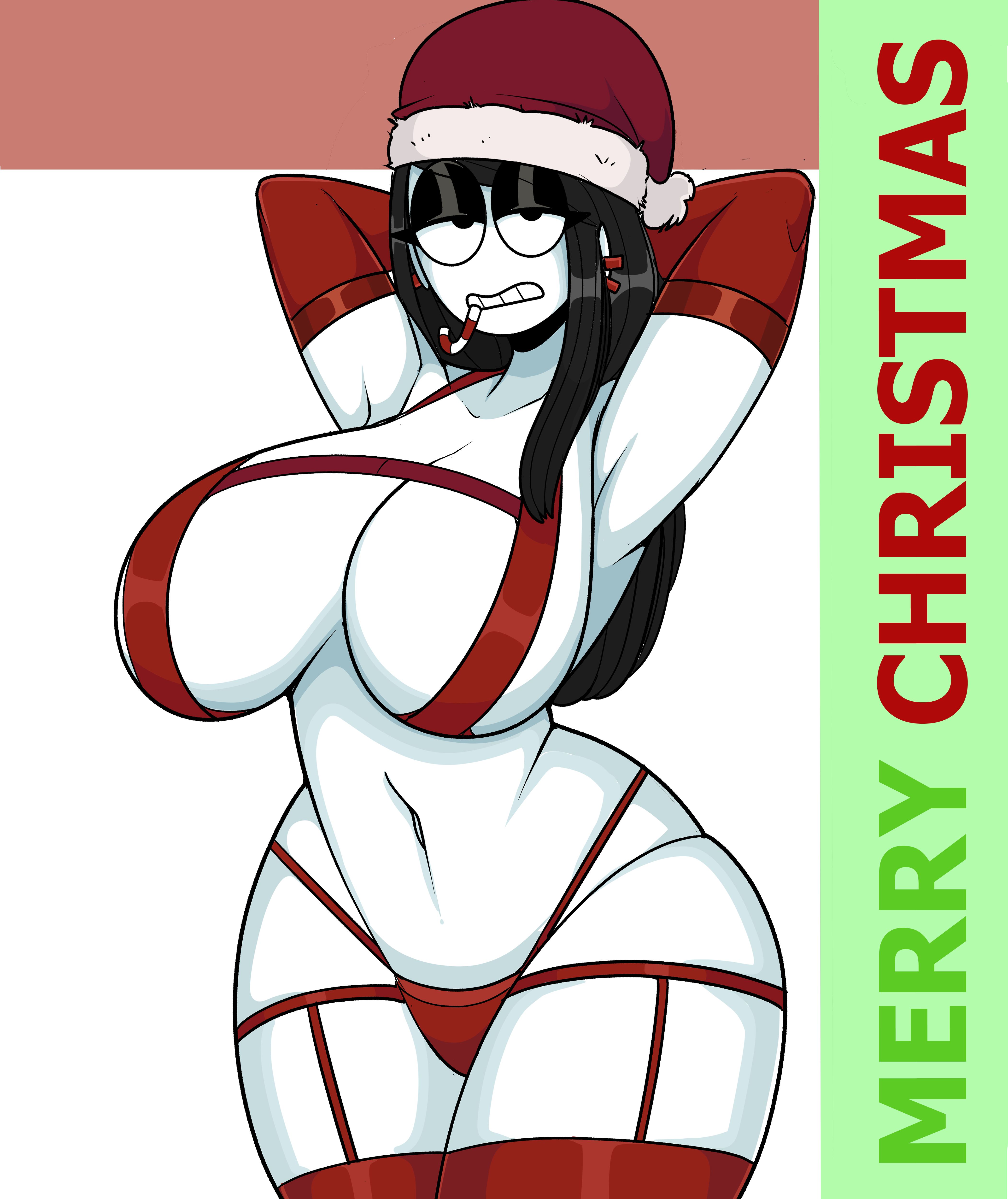 1girls, armpits, arms up, armwear, big breasts, black hair, breasts, candy cane, christmas, female, female only, garter belt, garter straps, goth, goth girl, hands behind head, hat, looking at viewer, panties, saltynoodles, santa hat, sexy armpits, solo, thighhighs, veronica (saltynoodles), white skin, wide hips