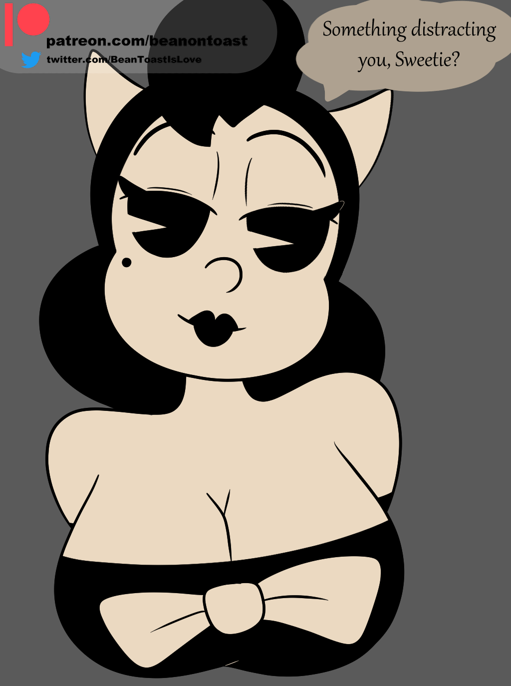alice angel, angel, beanontoast, bendy and the ink machine, big breasts, black lips, black lipstick, breasts, cleavage, dialogue, female, horns, lips, lipstick