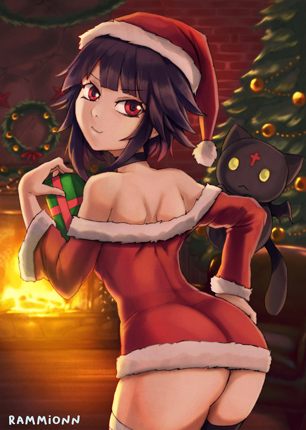 1girls ass back_view choker chomusuke christmas christmas_outfit female female_only kono_subarashii_sekai_ni_shukufuku_wo! legwear legwear_only looking_at_another looking_back megumin penis rammionn red_eyes santa_hat short_hair smile solo thighs