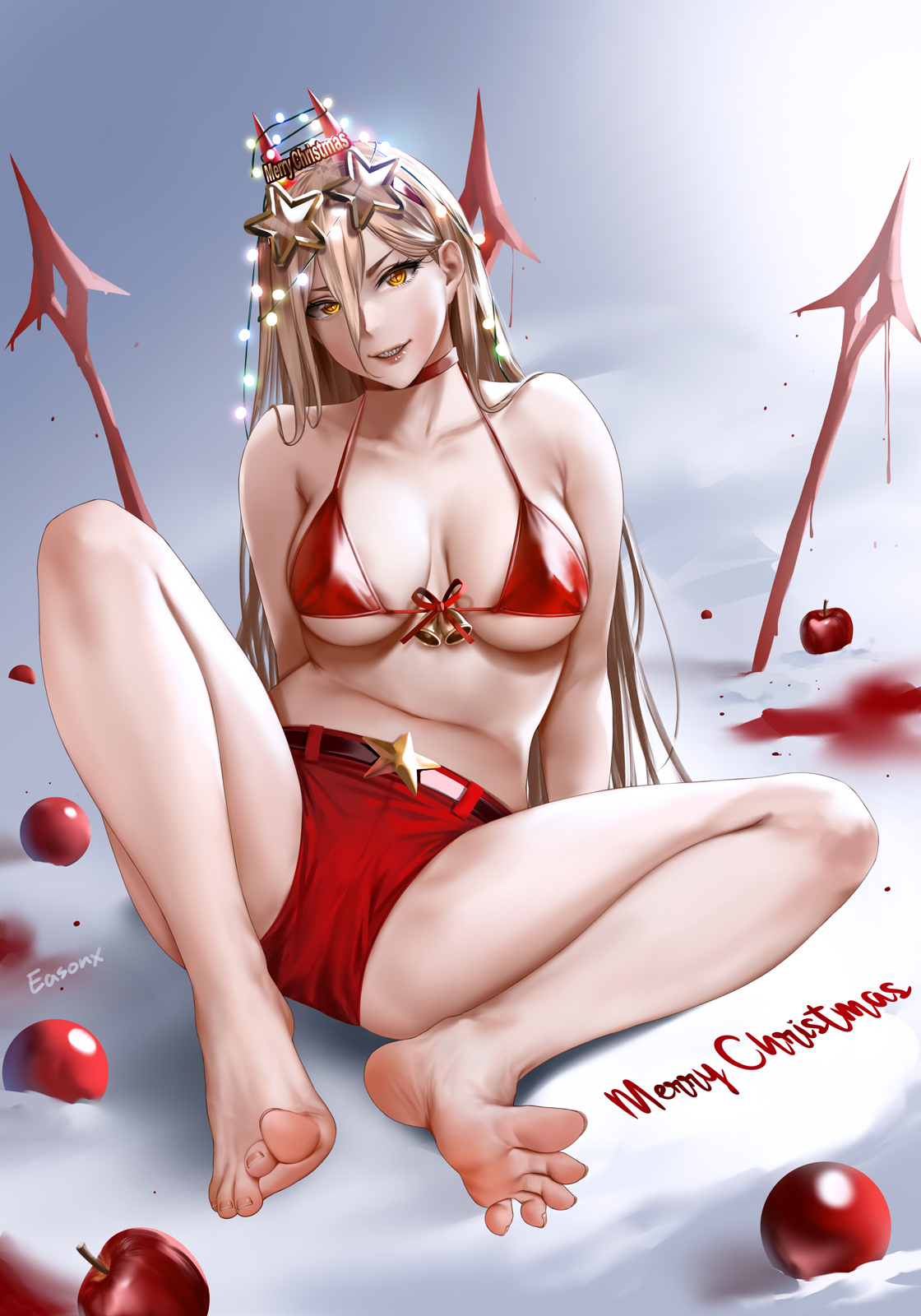 1girls, barefoot, big breasts, blonde hair, breasts, chainsaw man, christmas, easonx, feet, female, female only, foot fetish, mappa, merry christmas, power (chainsaw man), spread legs