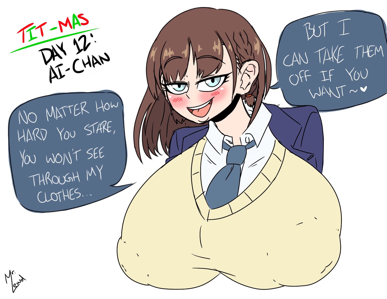 ai-chan (tawawa), big breasts, blush, breasts, female, getsuyoubi no tawawa, huge breasts, mr.lewd, nipple bulge, school uniform, smile, tit-mas (mr.lewd)
