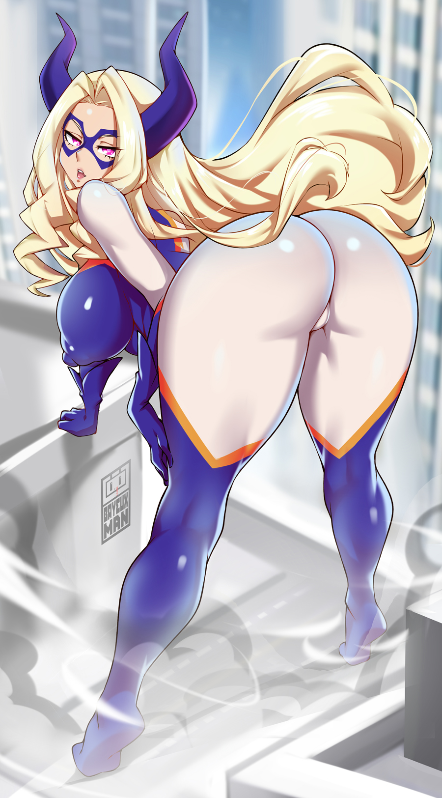 1girls ass bayeuxman big_ass big_breasts blonde_hair bodysuit breasts female female_only giant giantess horns long_hair mask mount_lady my_hero_academia nipple_bulge pink_eyes size_fetish skin_tight skindentation solo thick_thighs tight_fit yuu_takeyama