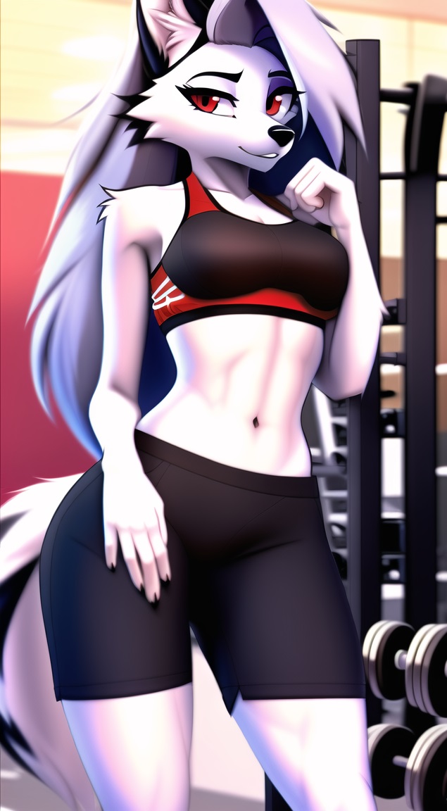 1girls 2020s 2023 ai_generated anthro anthropomorphic black_bottomwear black_nose black_pupils breasts canine cleavage color compression_shorts demon demoness female female_only furry furry_female furry_only gym hand_on_thigh happy hardboildchicken hellhound helluva_boss indoors loona_(helluva_boss) mammal navel raised_eyebrow red_eyes shorts smile solo solo_female standing tagme tail tail_through_bottowear tomboy western_art western_cartoon white_body white_fur