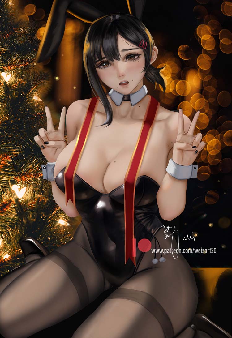 1girls big_breasts bunny_ears bunnysuit chainsaw_man christmas christmas_tree cleavage double_v female female_only higashiyama_kobeni mappa pantyhose peace_sign v wei_(promise_0820) weisart