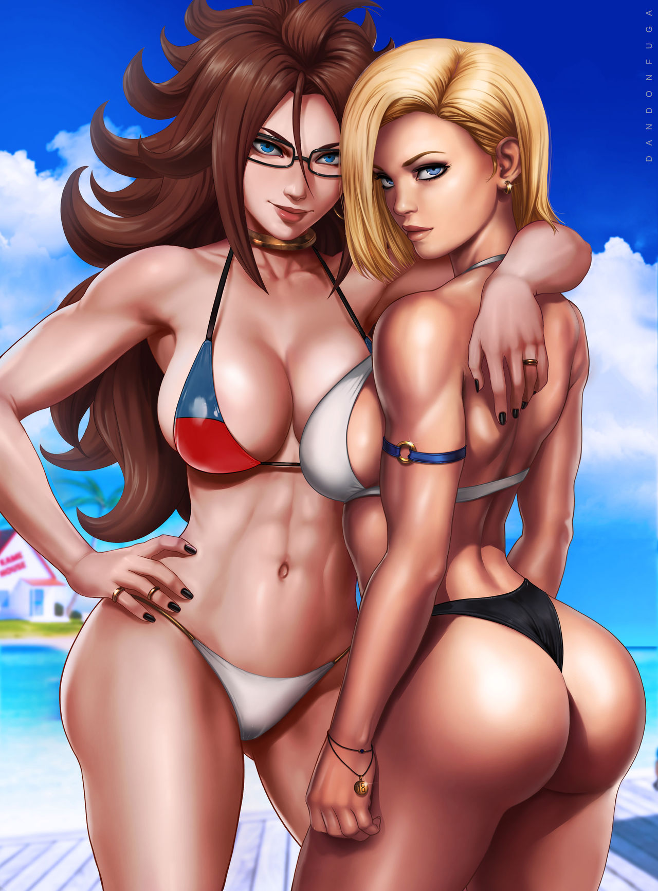 2girls, abs, absurdres, android 18, android 21, android 21 (human), areolae, artist name, ass, big hair, bikini, black nails, blonde hair, blue eyes, bob cut, breasts, brown hair, closed mouth, clouds, cowboy shot, curly hair, curvy, dandon fuga, dragon ball, dragon ball fighterz, dragon ball super, dragon ball super super hero, dragon ball z, earrings, female, from behind, glasses, gluteal fold, groin, hand on hip, highres, hips, hoop earrings, huge ass, jewelry, large breasts, legs, lips, long hair, looking at viewer, milf, multiple females, multiple girls, nail polish, navel, nipples, ocean, outdoors, pussy, realistic, ring, shiny, shiny skin, short hair, sideboob, sky, smile, standing, stomach, thick thighs, thighs, uncensored, vomi (dragon ball), water, wavy hair, wide hips