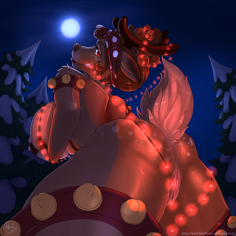 1:1 2020 2020s anthro anus avinz bell bell_armlet big_breasts biped breasts brown_body brown_fur brown_hair capreoline christmas_lights deer female full_moon fur genitals hair holding_breast huge_breasts jingle_bell looking_at_viewer looking_back looking_back_at_viewer looking_down_at_viewer low-angle_view mammal moon mostly_nude night outside plant pussy reindeer signature snow solo text tree url winter_(avinz) year