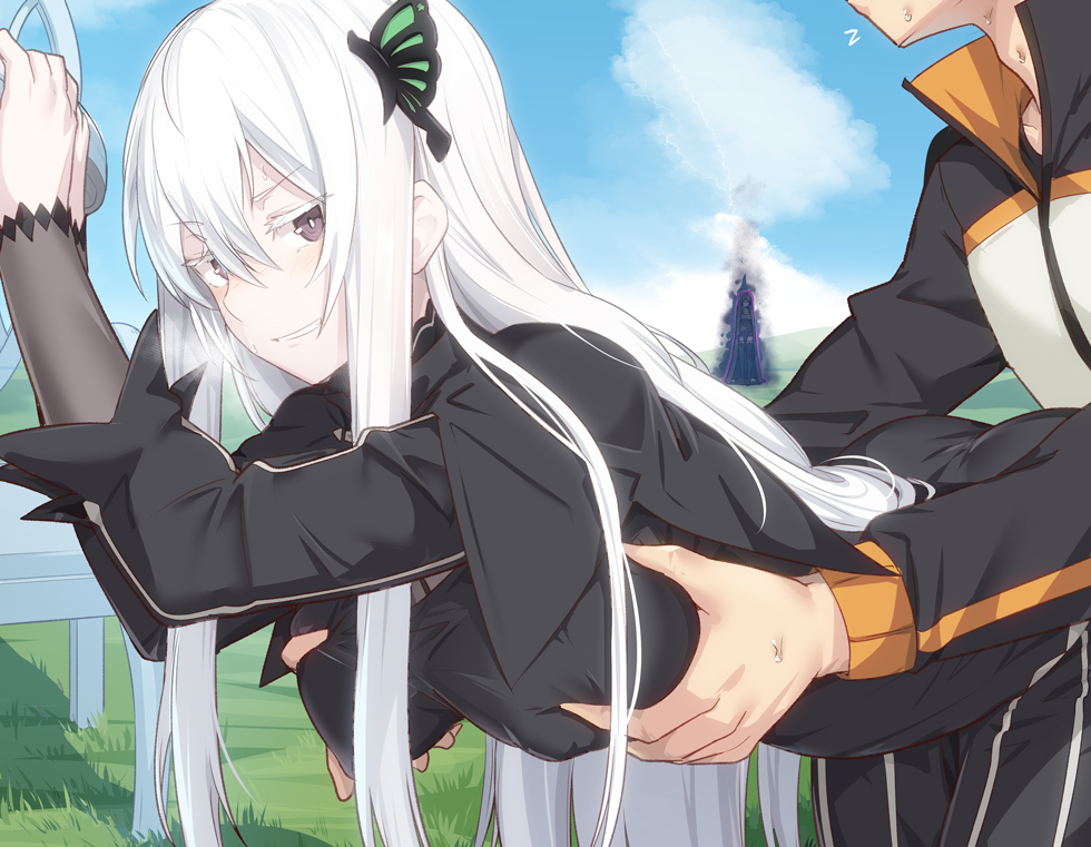 1boy, 2girls, bent over, black dress, breast grab, breasts, covered nipples, dress, dry humping, echidna (re:zero), female, from behind, grabbing, grabbing breasts, grabbing from behind, groping, groping from behind, hands on breasts, heavy breathing, higher resolution available, humping, large breasts, light skin, light-skinned female, male, multiple females, multiple girls, natsuki subaru, outdoors, outside, re:zero kara hajimeru isekai seikatsu, satella (re:zero), shiseki hirame, solo focus, straight, sweat, white hair