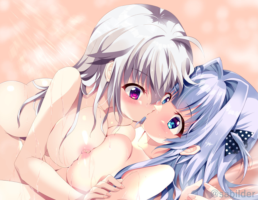 2girls 9_-nine-_kokonotsu_kokonoka_kokonoiro ahoge artist_name bangs bare_arms bare_shoulders blue_eyes blue_hair blush breasts breasts_squeezed_together collarbone completely_nude female female_only fingernails grey_hair hair_between_eyes hair_intakes hair_over_shoulder hair_ribbon hand_on_another's_arm kissing kousaka_haruka large_breasts long_hair lying multiple_girls niimi_sora nipples nose nude on_back orange_background polka_dot polka_dot_ribbon purple_eyes raised_eyebrows ribbon sabi_(sabilder) showering sidelocks steam surprised two_side_up v-shaped_eyebrows water wide-eyed yuri