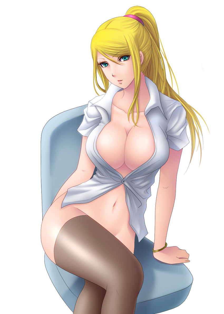 bottomless, bracelet, breasts, cleavage, female, female only, full cleavage, human, kuroma (atapi), large breasts, metroid, nintendo, office lady, samus aran, secretary, solo, stockings, tight clothing, white shirt