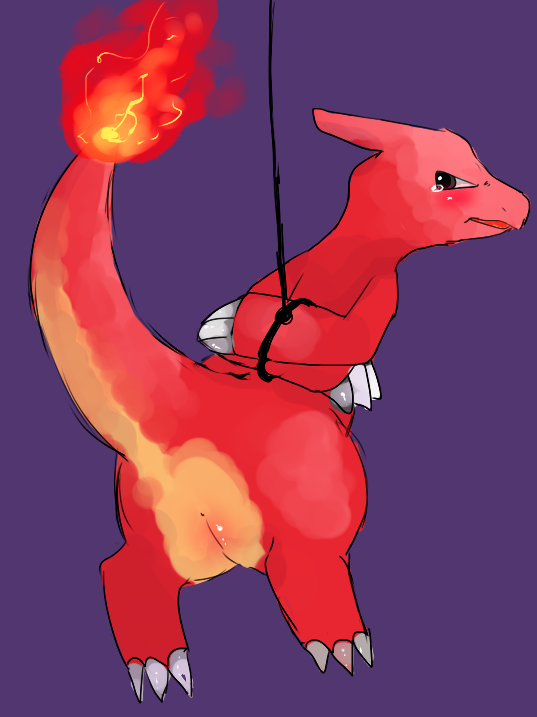 arms_behind_back artist_request back_view bondage bound charmeleon claws colored female female_only fire nintendo nude pokemon pokemon_(species) pussy solo suspension tagme tail tail_fire