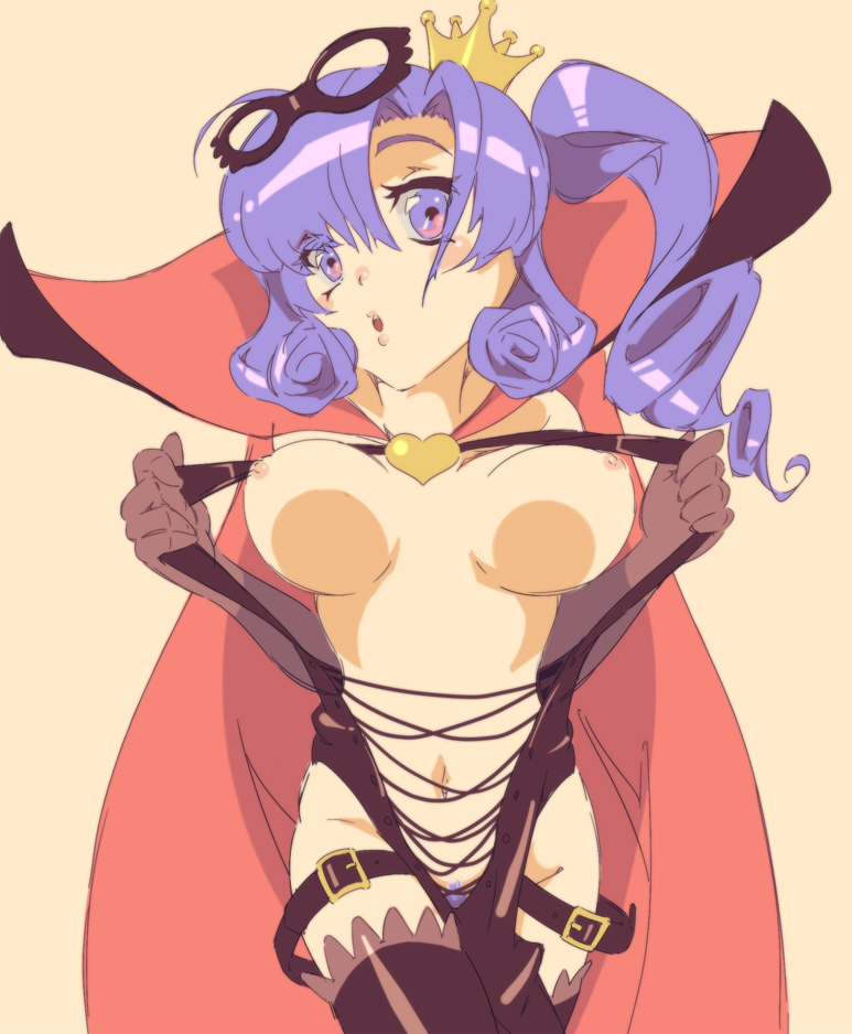 blue_hair breasts cape clothing crown drill_hair exposed_breasts female female_only front_view glasses glasses_on_head gloves heart henriette_mystere human impractical_belt pale_skin purple_eyes purple_hair solo tagme tantei_opera_milky_holmes