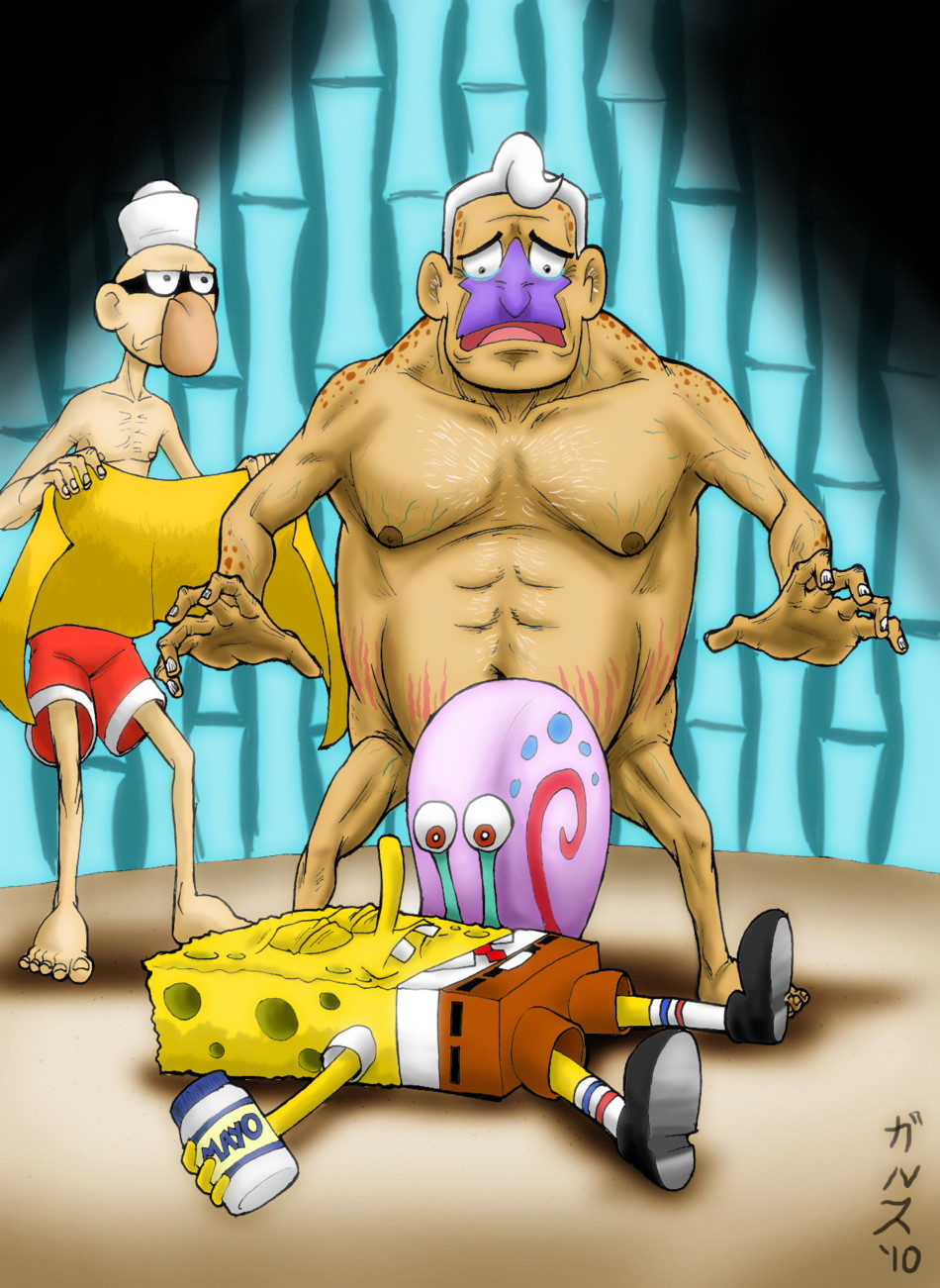 2010 3boys artist_request barnacle_boy cmnm fainted fully_clothed gary_the_snail holding_object humanoid large_nose male_only mask mayonnaise mermaid_man no_visible_genitalia nude_male sailor_cap sea_sponge shirtless shocked_expression shorts smooth_skin snail spongebob_squarepants spongebob_squarepants_(character) stretch_marks tagme towel what white_hair