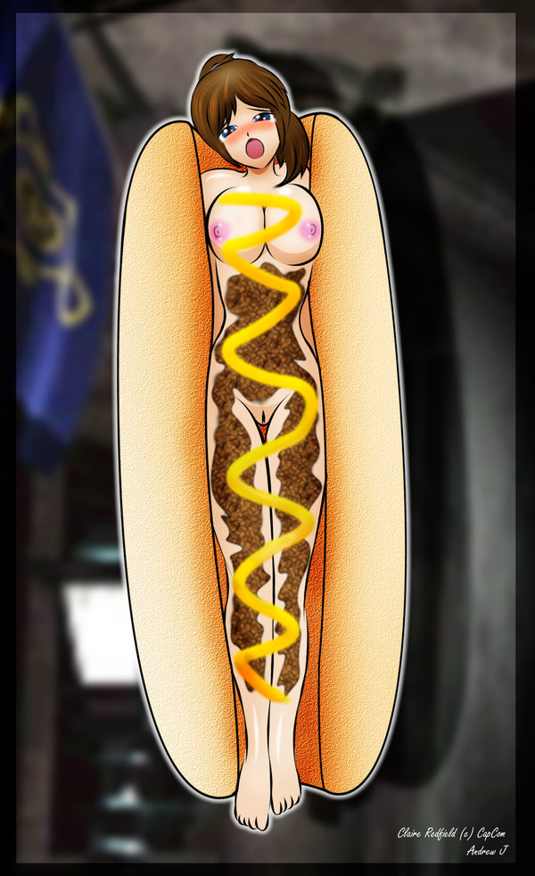 above_view amourvorer breasts claire_redfield female female_only food hot_dog hotdog human lying mustard nude on_back pale_skin pointy_chin resident_evil solo tagme