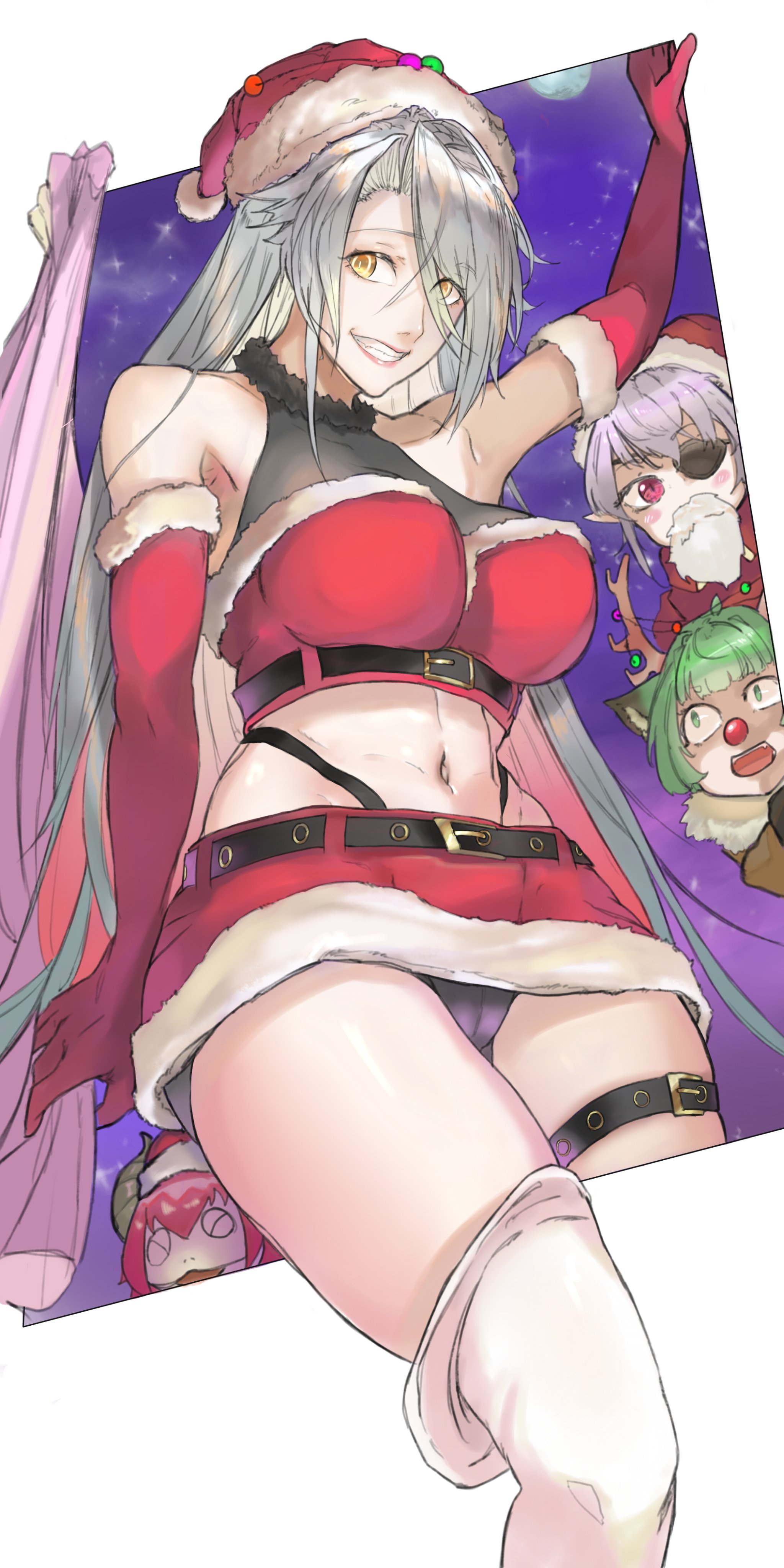 big breasts, breasts, cameltoe, christmas, female, female only, gloves, haruka karibu, panties, pussy, silver hair, sleeplessrhythm, solo, thong above skirt, thong straps, virtual youtuber, vshojo, zentreya, zentreya (cyborg)