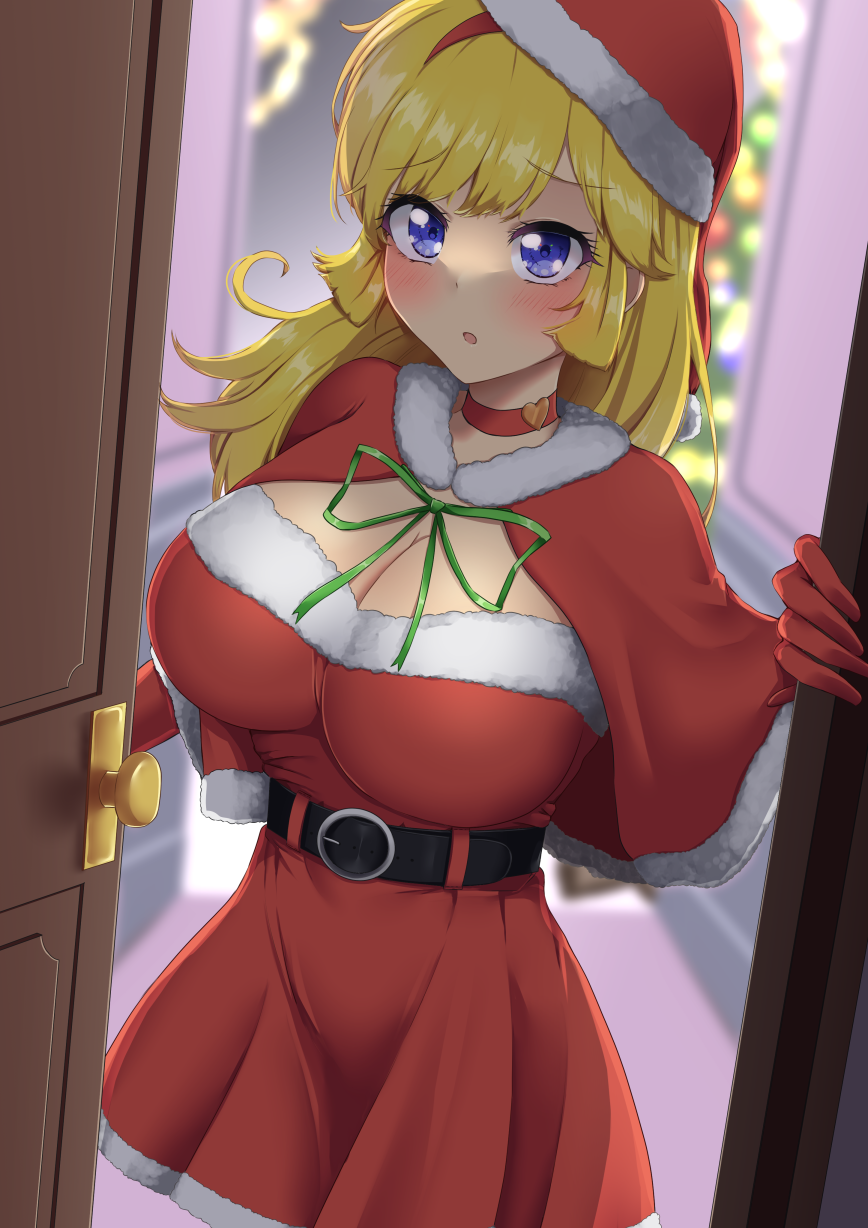 1girls blonde_hair breasts cleavage cutie_honey female honey_kisaragi light-skinned_female light_skin long_hair looking_at_viewer momo_isaki opening_door santa_costume