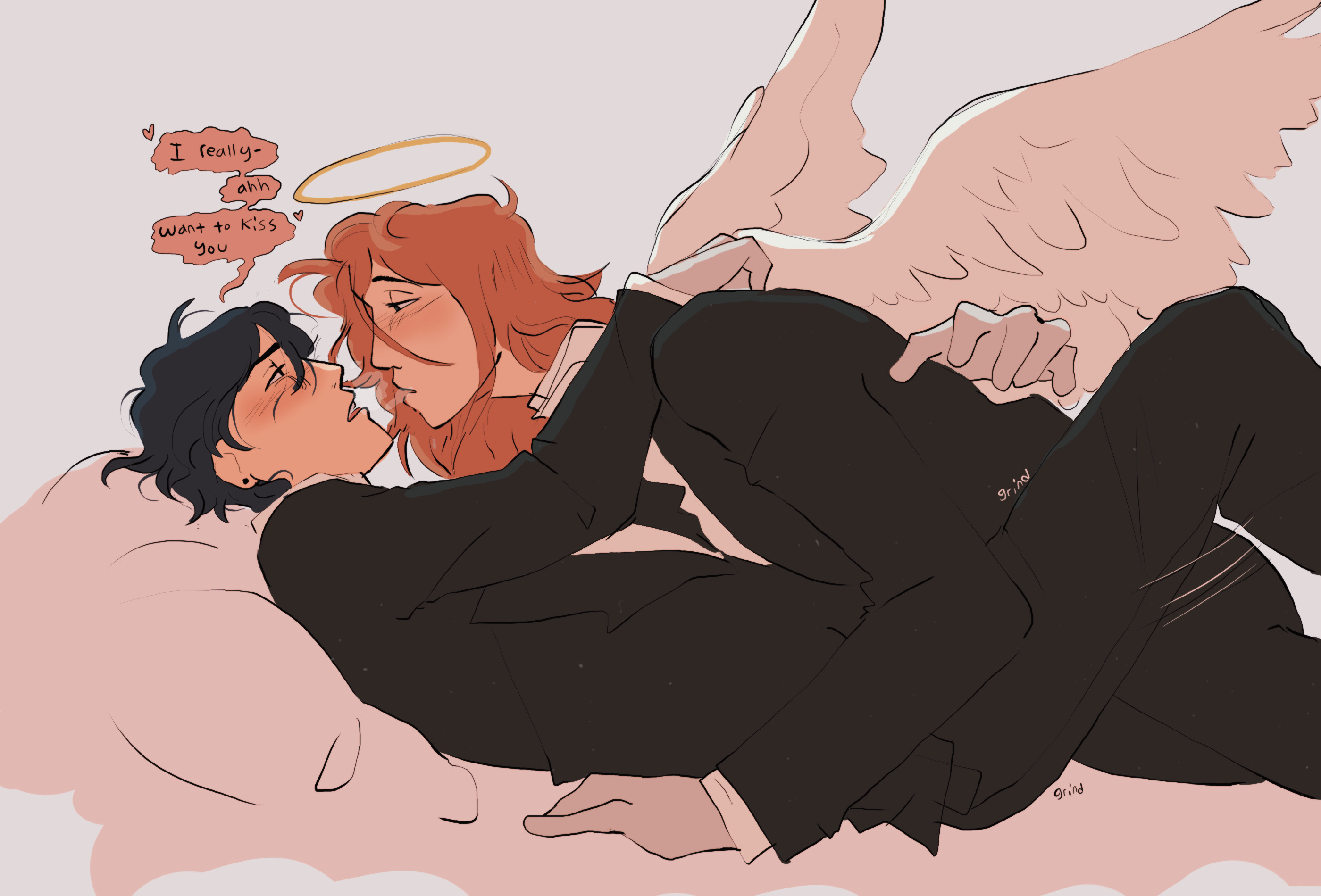 angel, angel devil (chainsaw man), chainsaw man, clothed, dry humping, femboy, frottage, gay, gloves, grinding, hayakawa aki, long hair, male, missionary position
